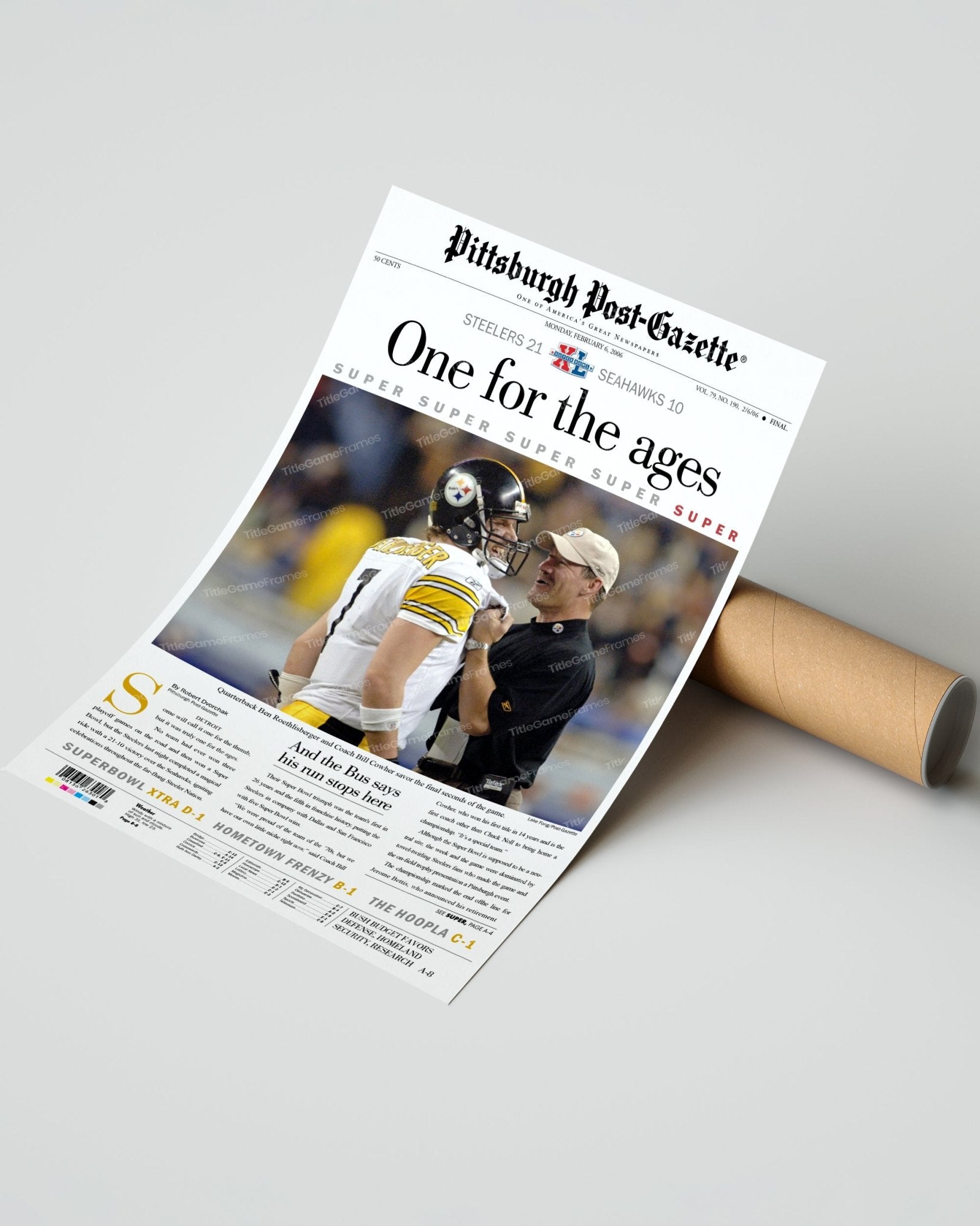 2006 Pittsburgh Steelers Superbowl XL Newspaper Cover Print - One for the ages - Title Game Frames