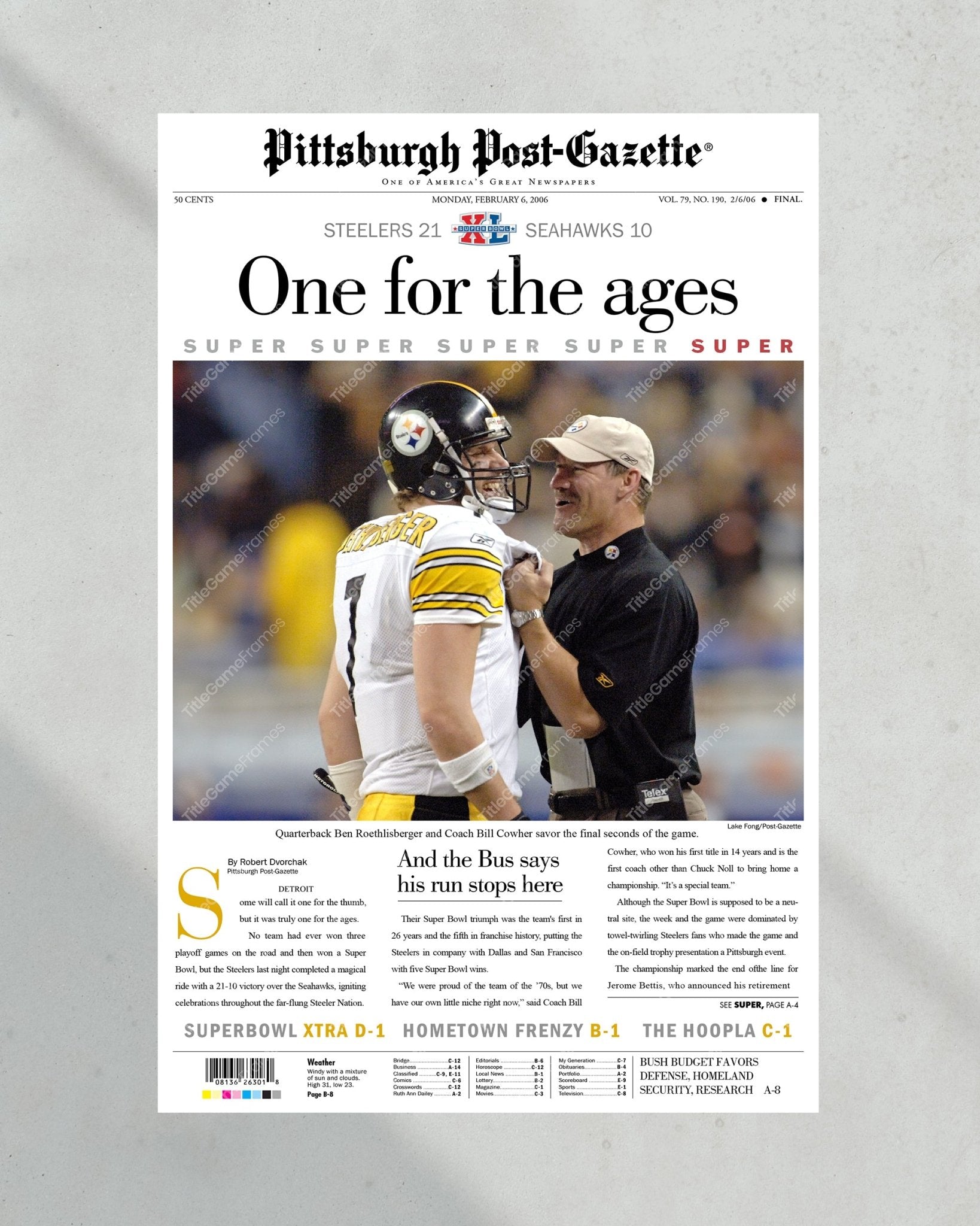 2006 Pittsburgh Steelers Superbowl XL Newspaper Cover Print - One for the ages - Title Game Frames