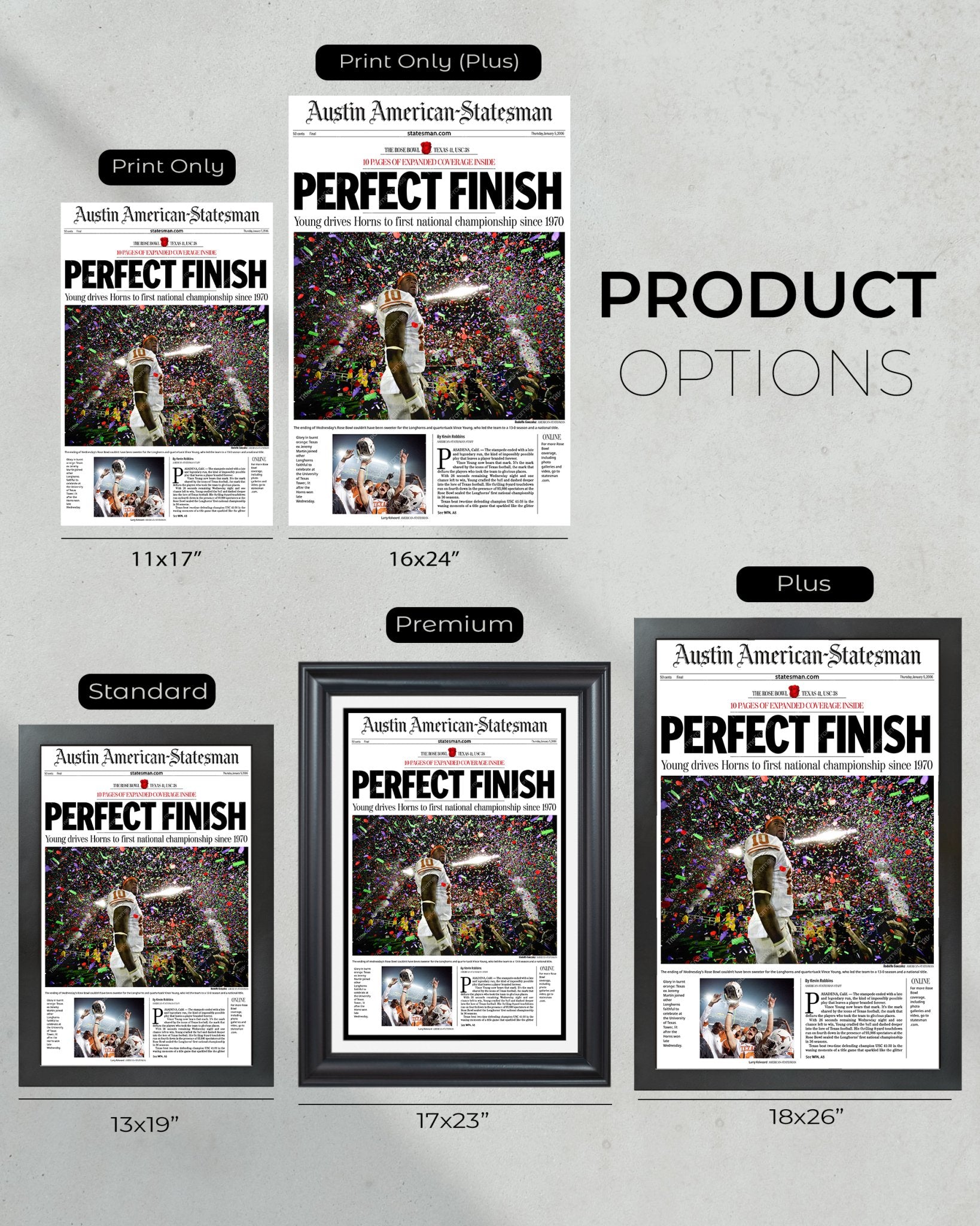 2006 Texas Longhorns Rose Bowl Champions 'Perfect Finish' Vince Young Framed Newspaper - Title Game Frames