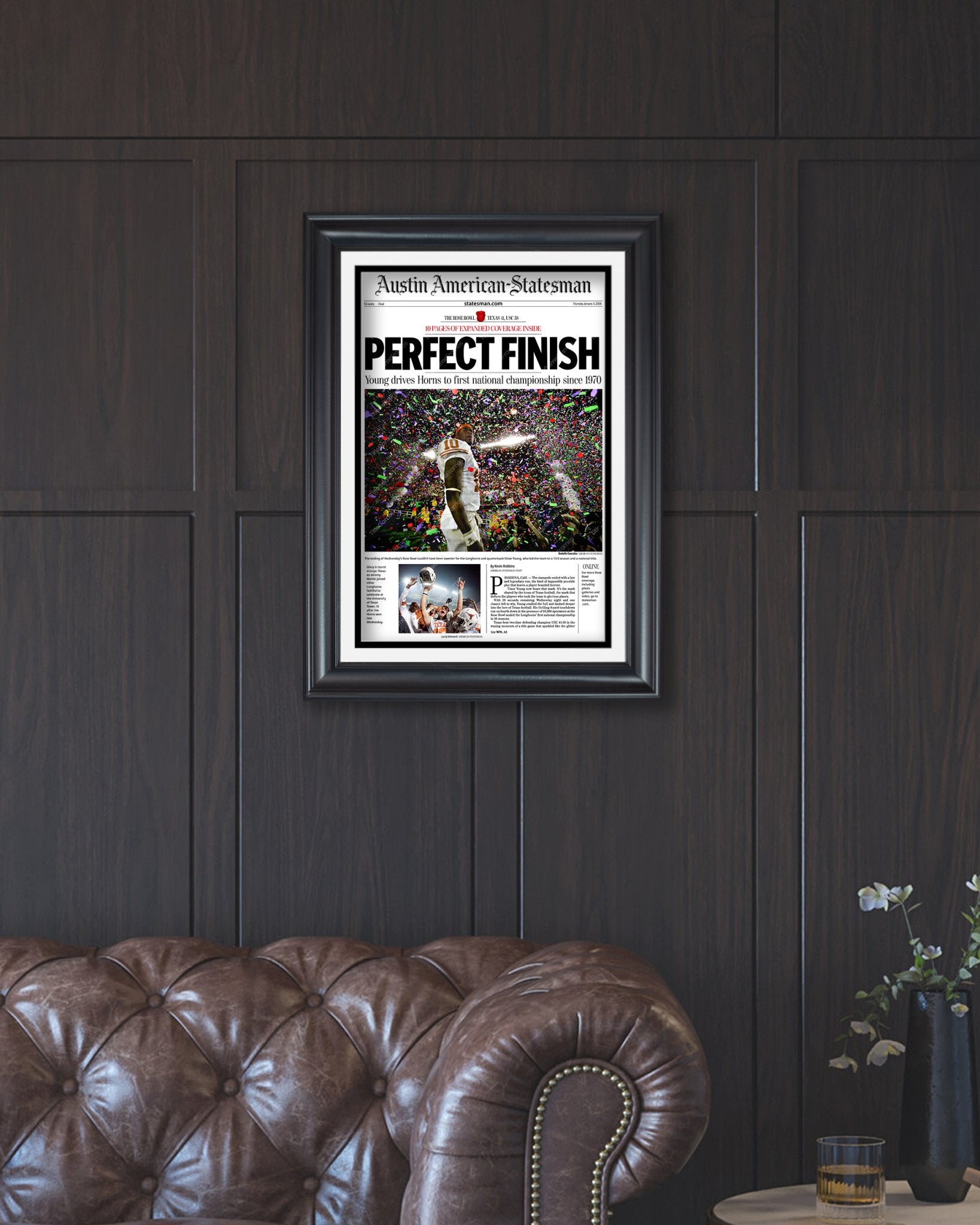 2006 Texas Longhorns Rose Bowl Champions 'Perfect Finish' Vince Young Framed Newspaper - Title Game Frames