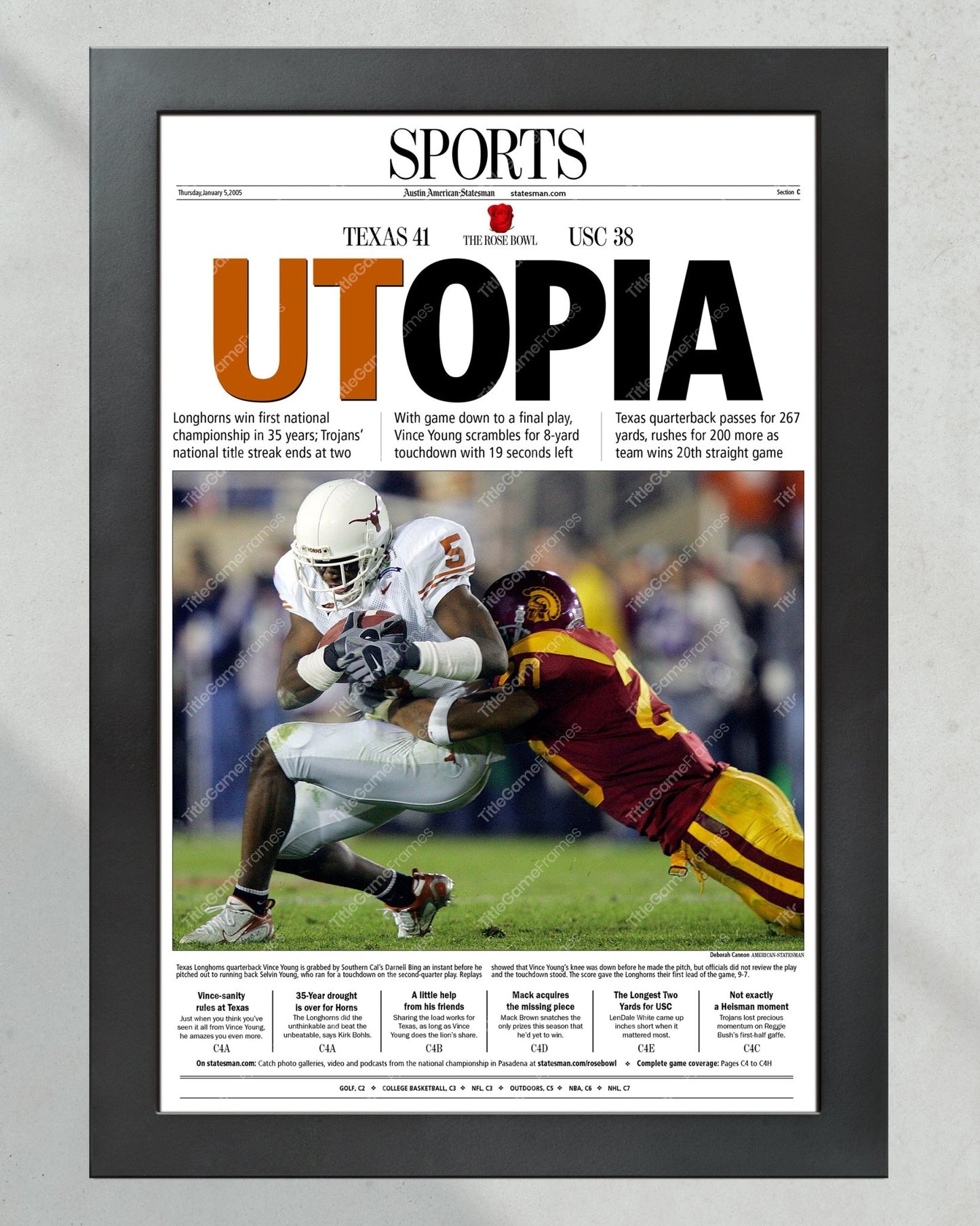 2006 Texas Longhorns Rose Bowl Champions 'UTOPIA' Newspaper - Sports Edition - Title Game Frames