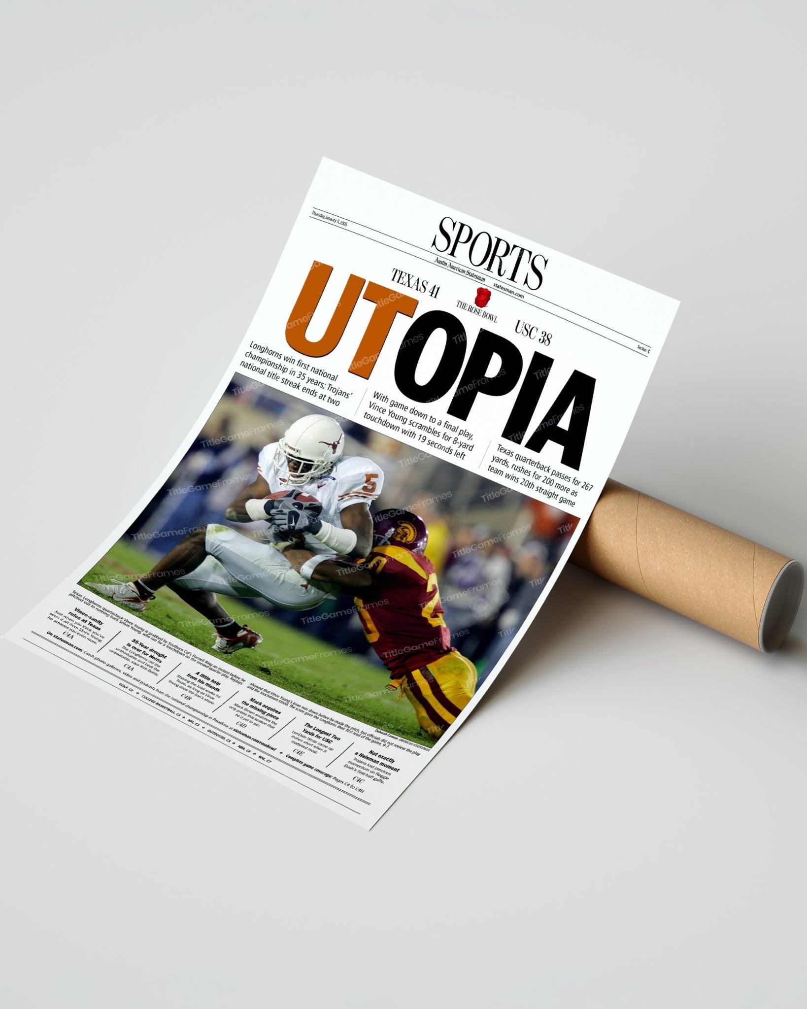 2006 Texas Longhorns Rose Bowl Champions 'UTOPIA' Newspaper - Sports Edition - Title Game Frames