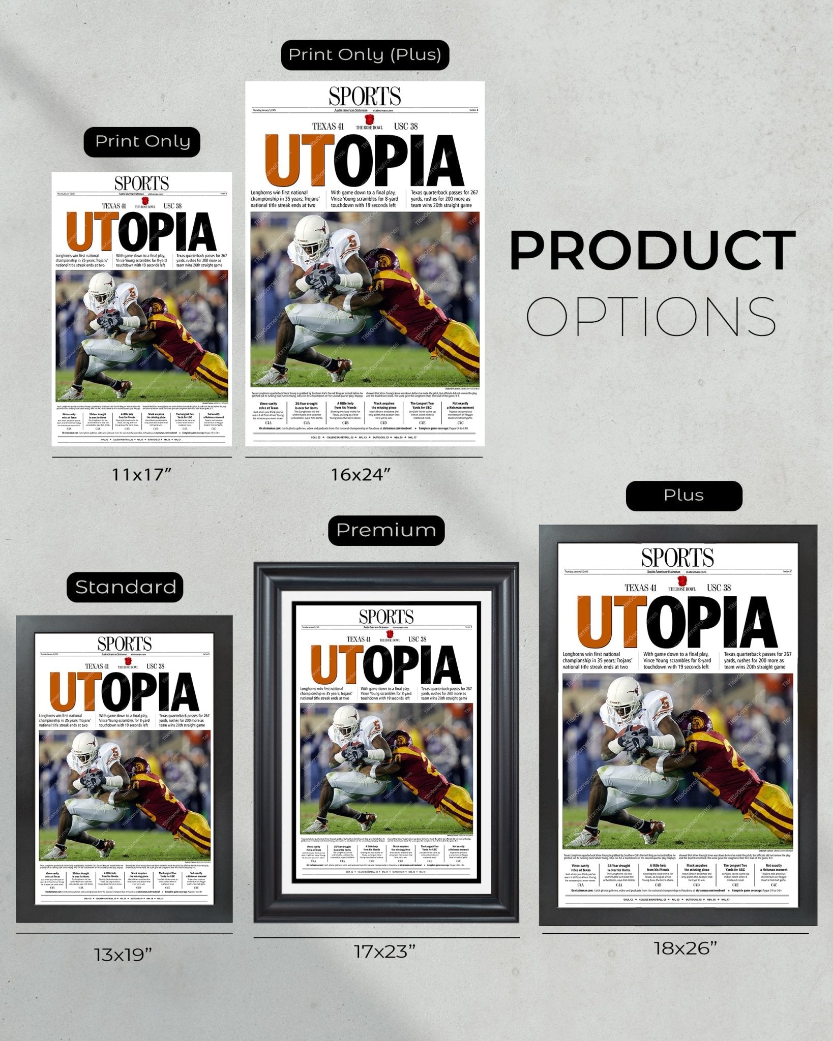 2006 Texas Longhorns Rose Bowl Champions 'UTOPIA' Newspaper - Sports Edition - Title Game Frames