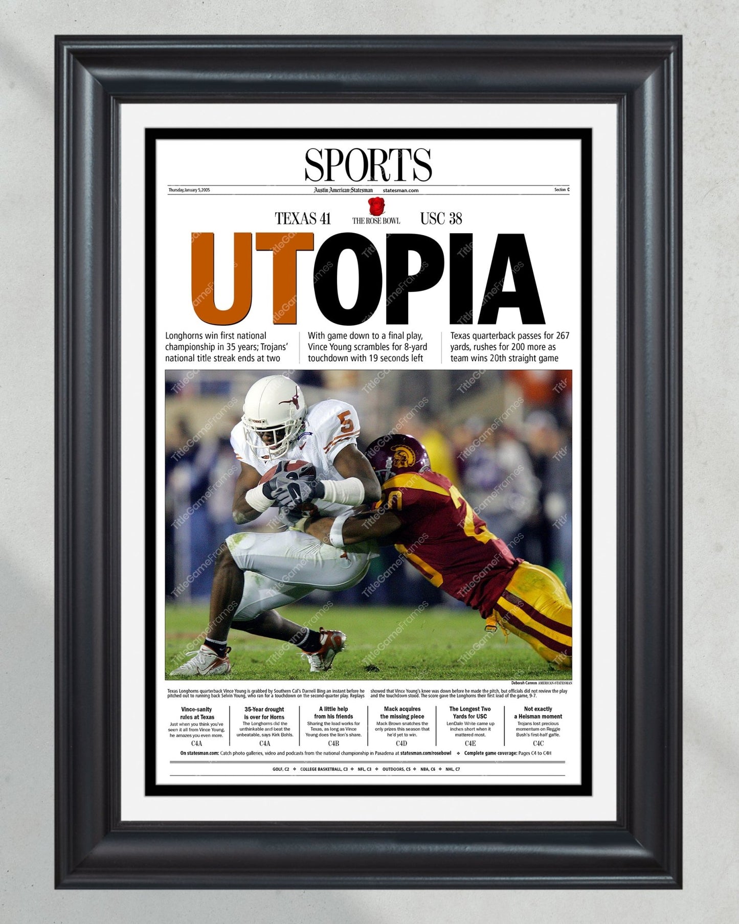 2006 Texas Longhorns Rose Bowl Champions 'UTOPIA' Newspaper - Sports Edition - Title Game Frames