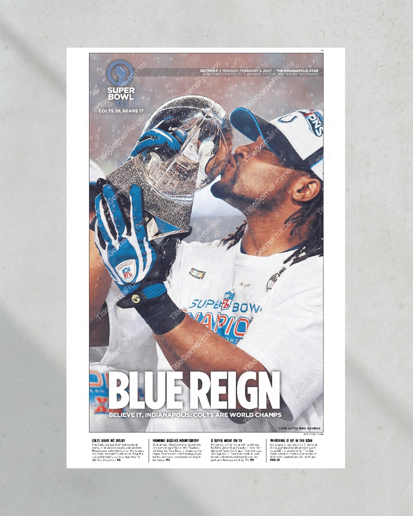 2007 Indianapolis Colts 'Blue Reign' Framed Super Bowl champion Newspaper Print - Title Game Frames