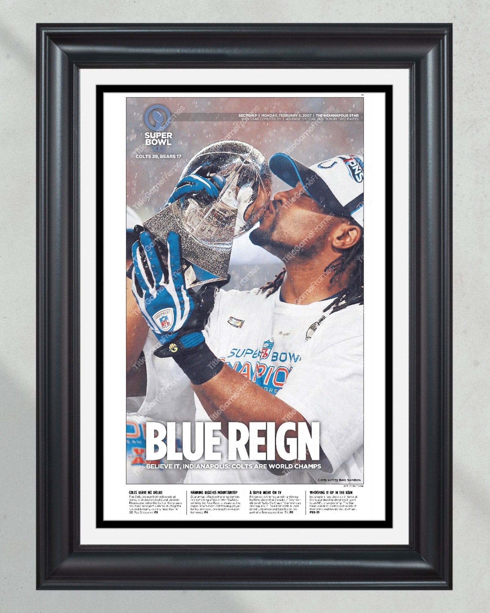 2007 Indianapolis Colts 'Blue Reign' Framed Super Bowl champion Newspaper Print - Title Game Frames