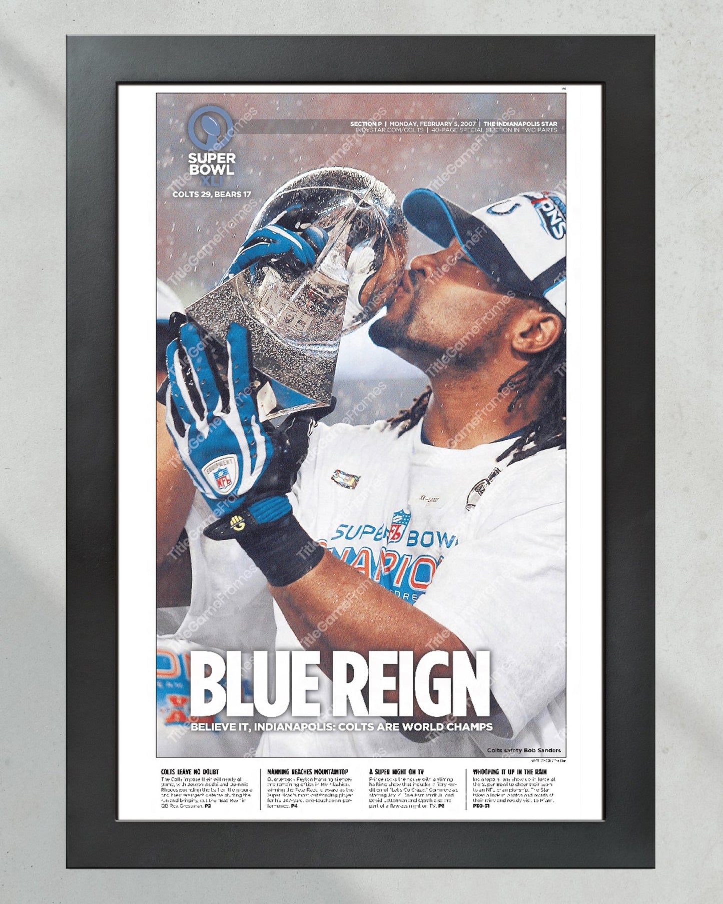 2007 Indianapolis Colts 'Blue Reign' Framed Super Bowl champion Newspaper Print - Title Game Frames