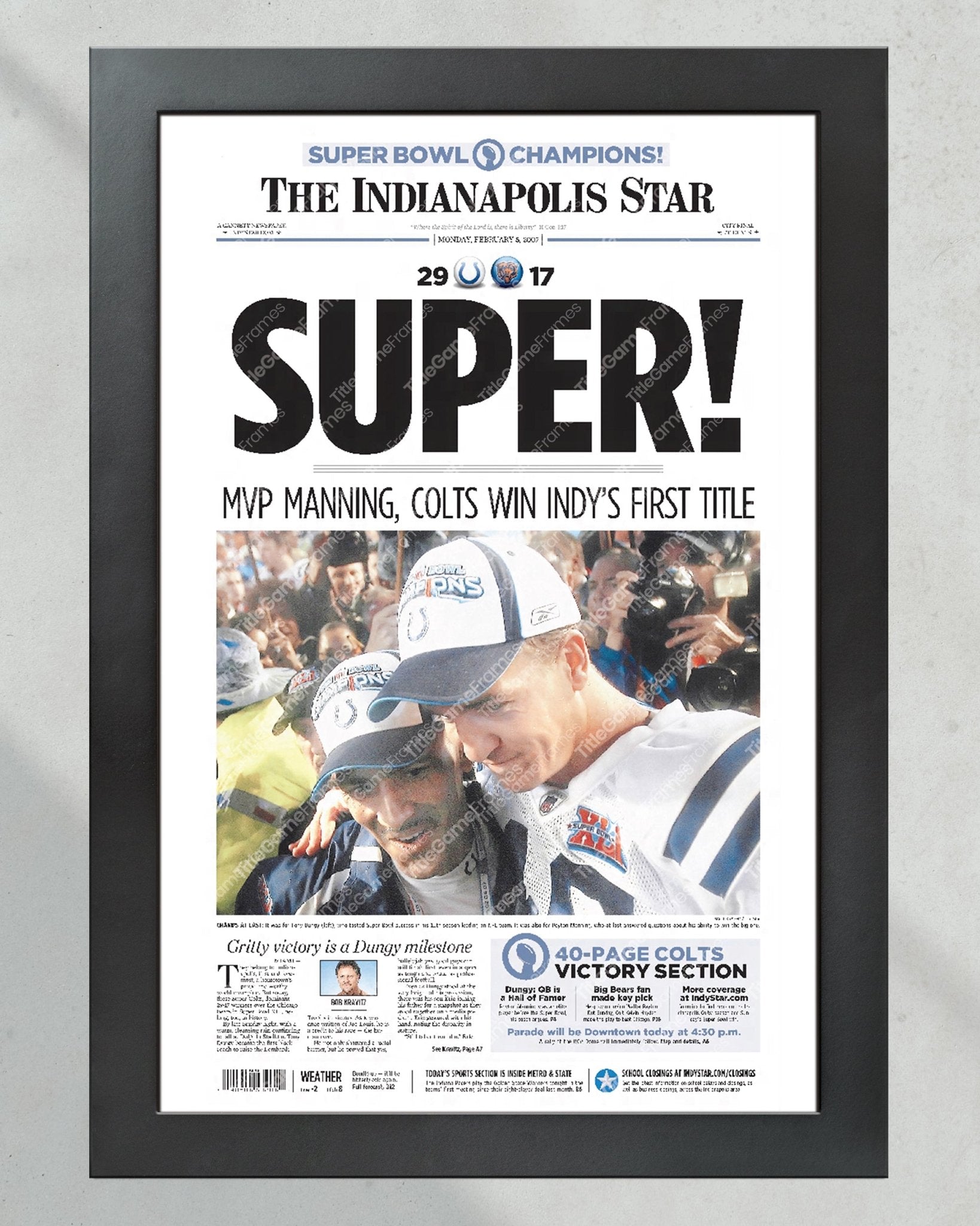 2007 Indianapolis Colts 'Super' Super Bowl Champions Framed Front Page Newspaper - Title Game Frames