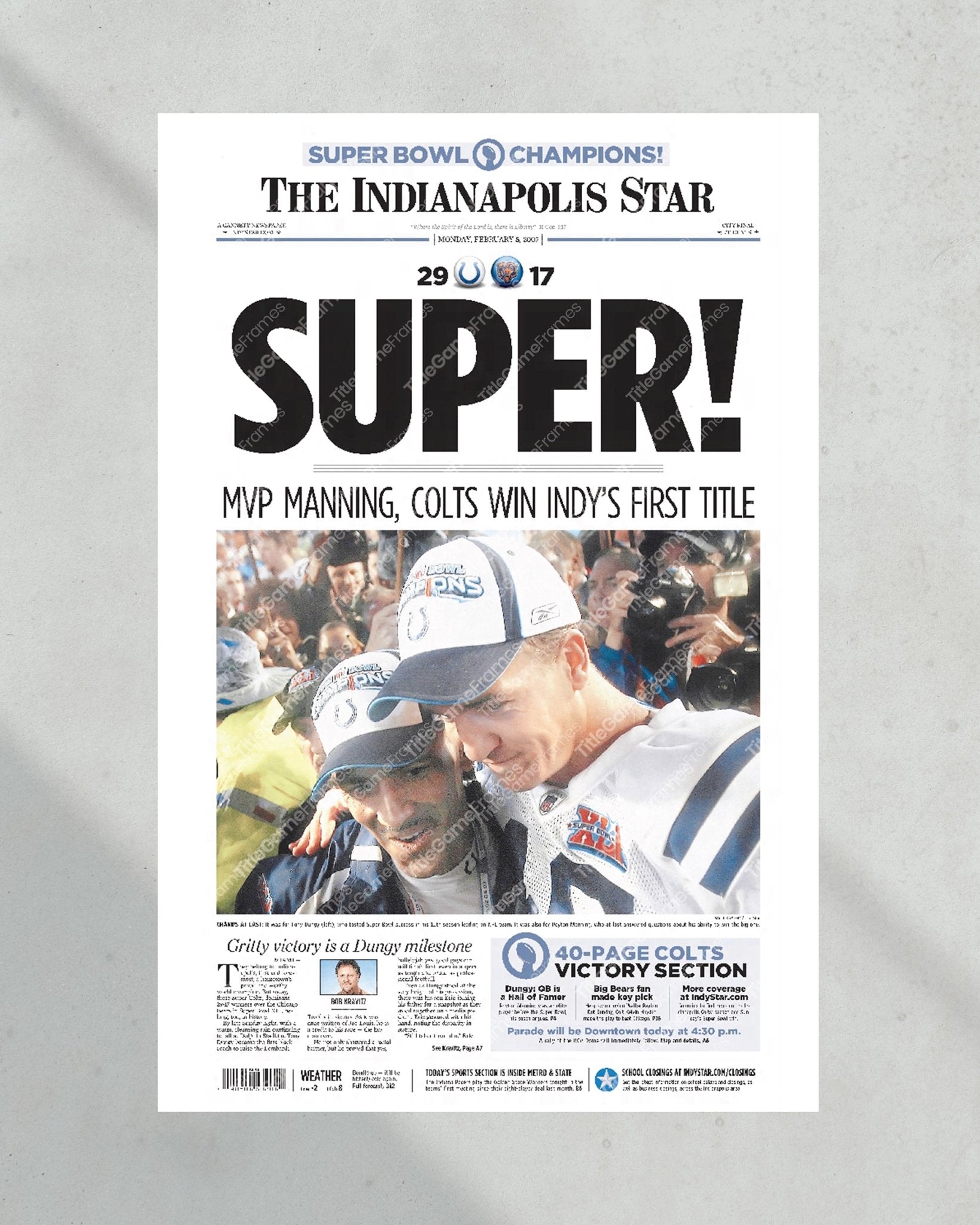 2007 Indianapolis Colts 'Super' Super Bowl Champions Framed Front Page Newspaper - Title Game Frames