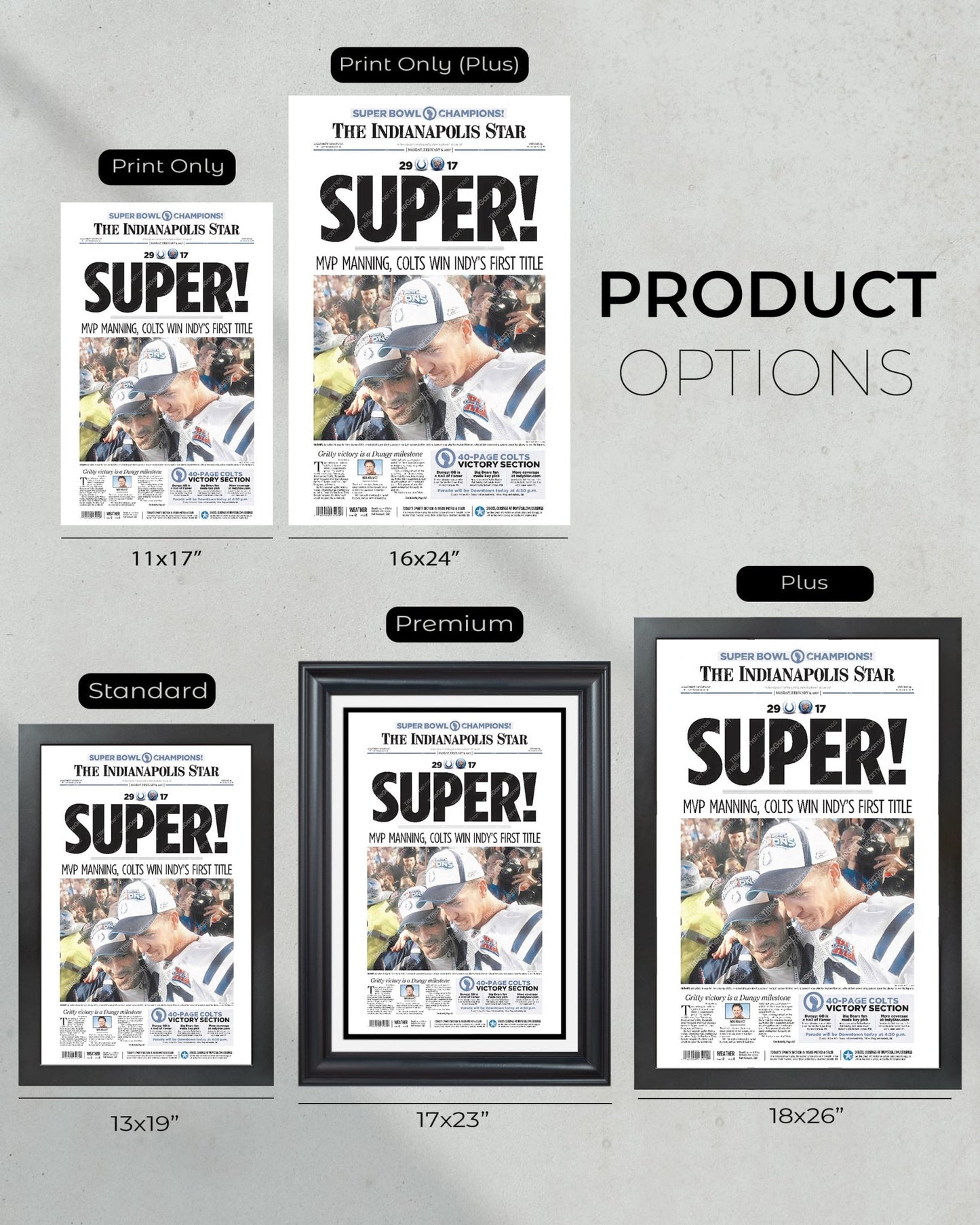 2007 Indianapolis Colts 'Super' Super Bowl Champions Framed Front Page Newspaper - Title Game Frames