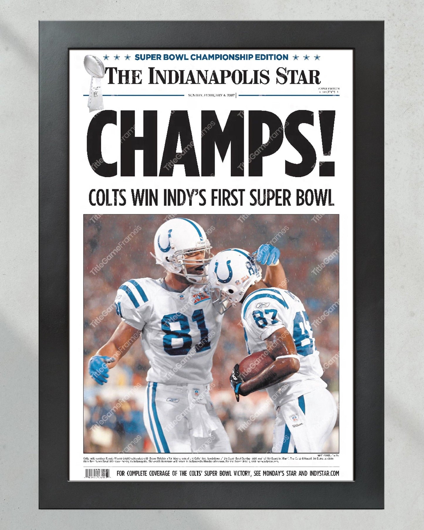 2007 Indianapolis Colts 'Win Indy's First Super Bowl' Framed Newspaper Print - Title Game Frames