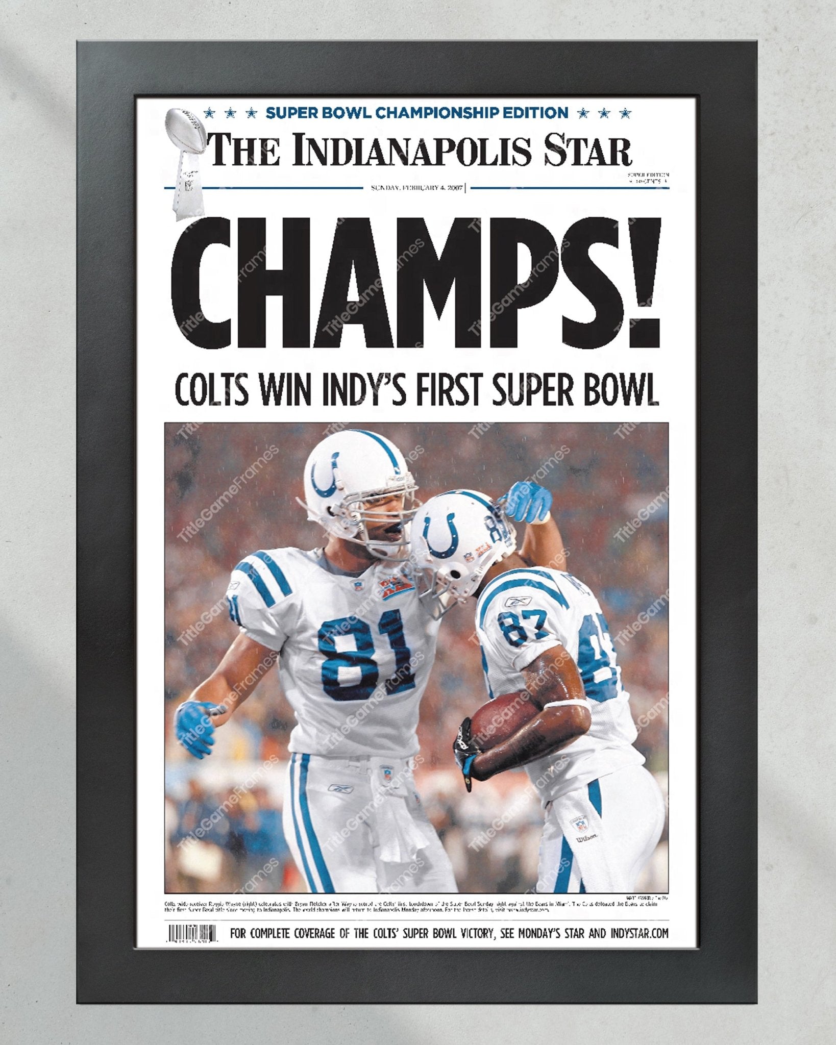 2007 Indianapolis Colts 'Win Indy's First Super Bowl' Framed Newspaper Print - Title Game Frames