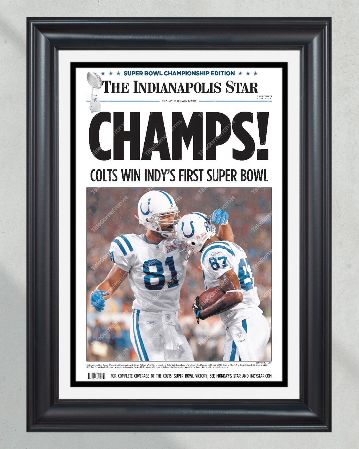 2007 Indianapolis Colts 'Win Indy's First Super Bowl' Framed Newspaper Print - Title Game Frames