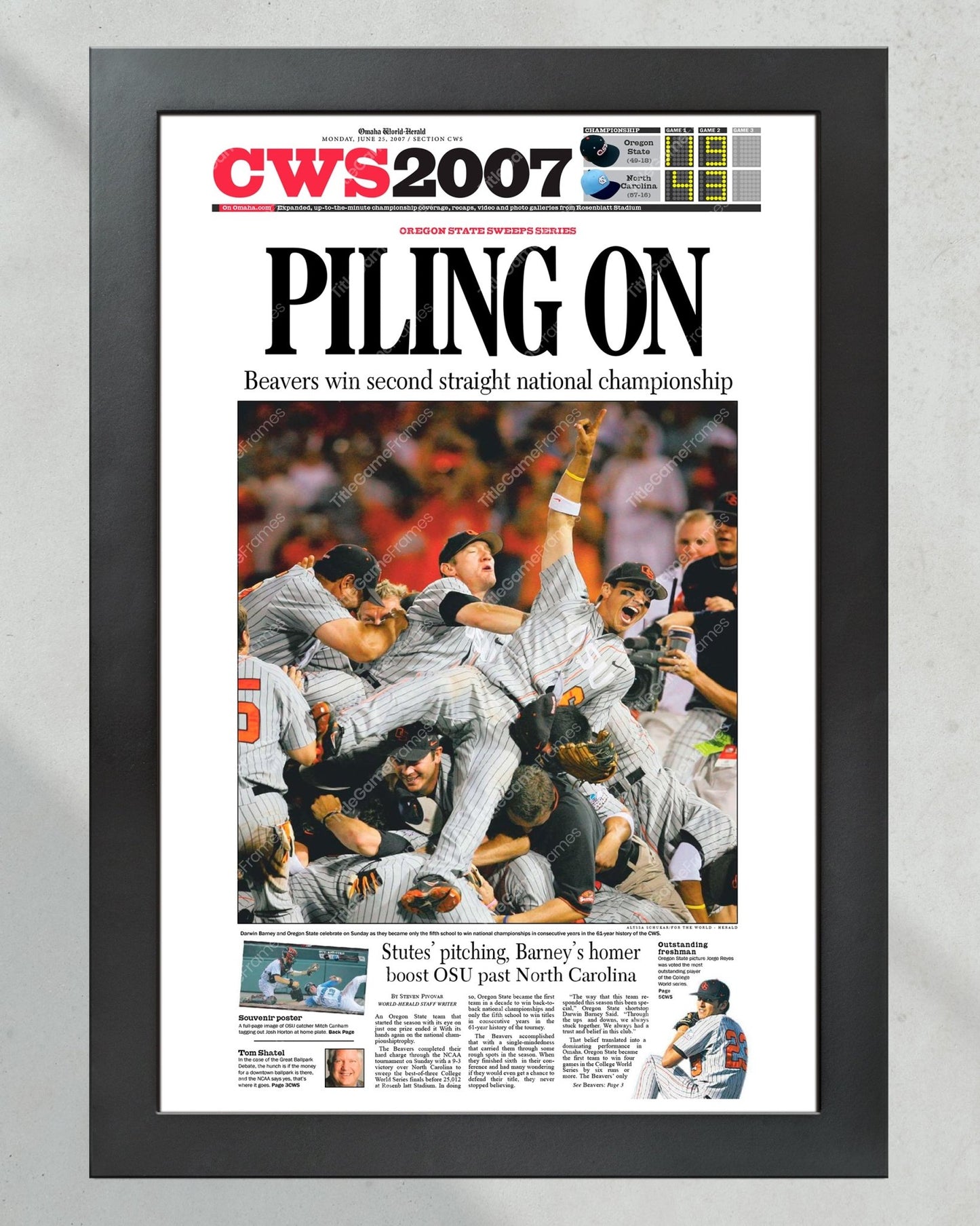 2007 Oregon State Beavers College World Series Champions Framed Newspaper - 'PILING ON' - Title Game Frames