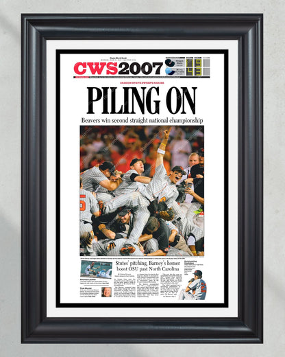 2007 Oregon State Beavers College World Series Champions Framed Newspaper - 'PILING ON' - Title Game Frames