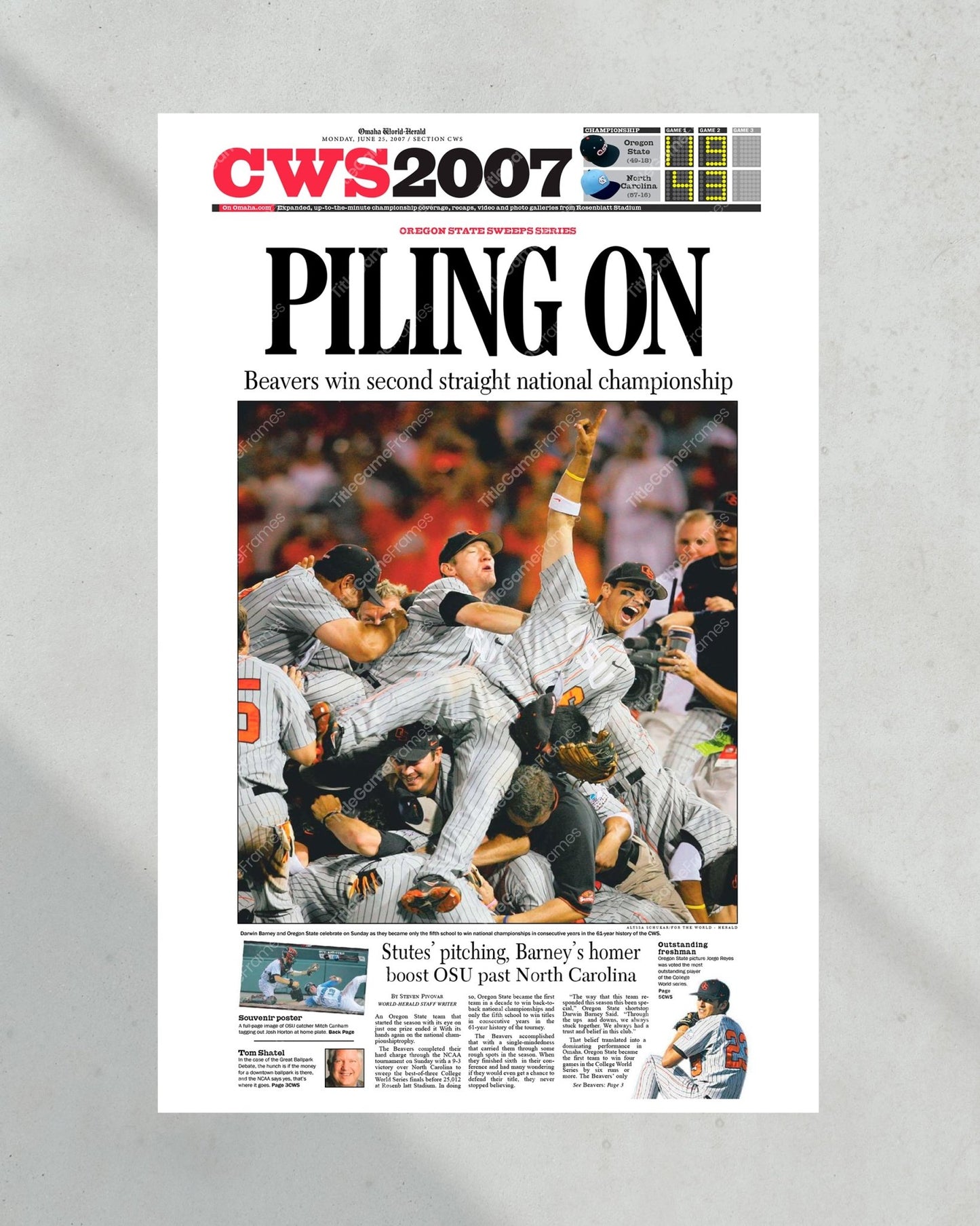 2007 Oregon State Beavers College World Series Champions Framed Newspaper - 'PILING ON' - Title Game Frames