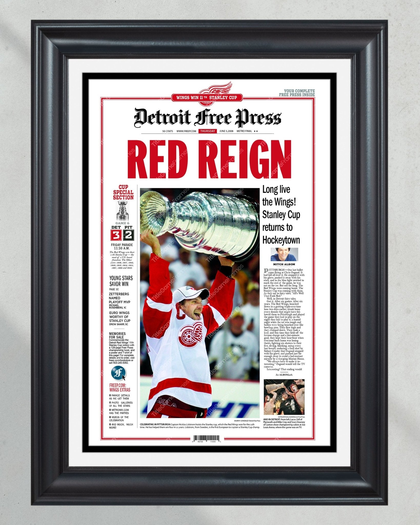 2008 Detroit Red Wings “Red Reign” Stanley Cup Champions Framed Newspaper Front Page Print - Title Game Frames