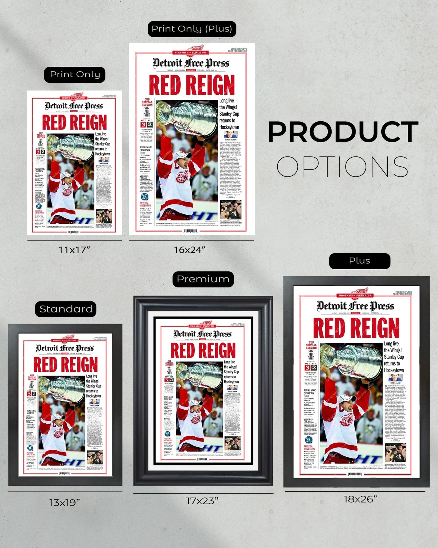 2008 Detroit Red Wings “Red Reign” Stanley Cup Champions Framed Newspaper Front Page Print - Title Game Frames