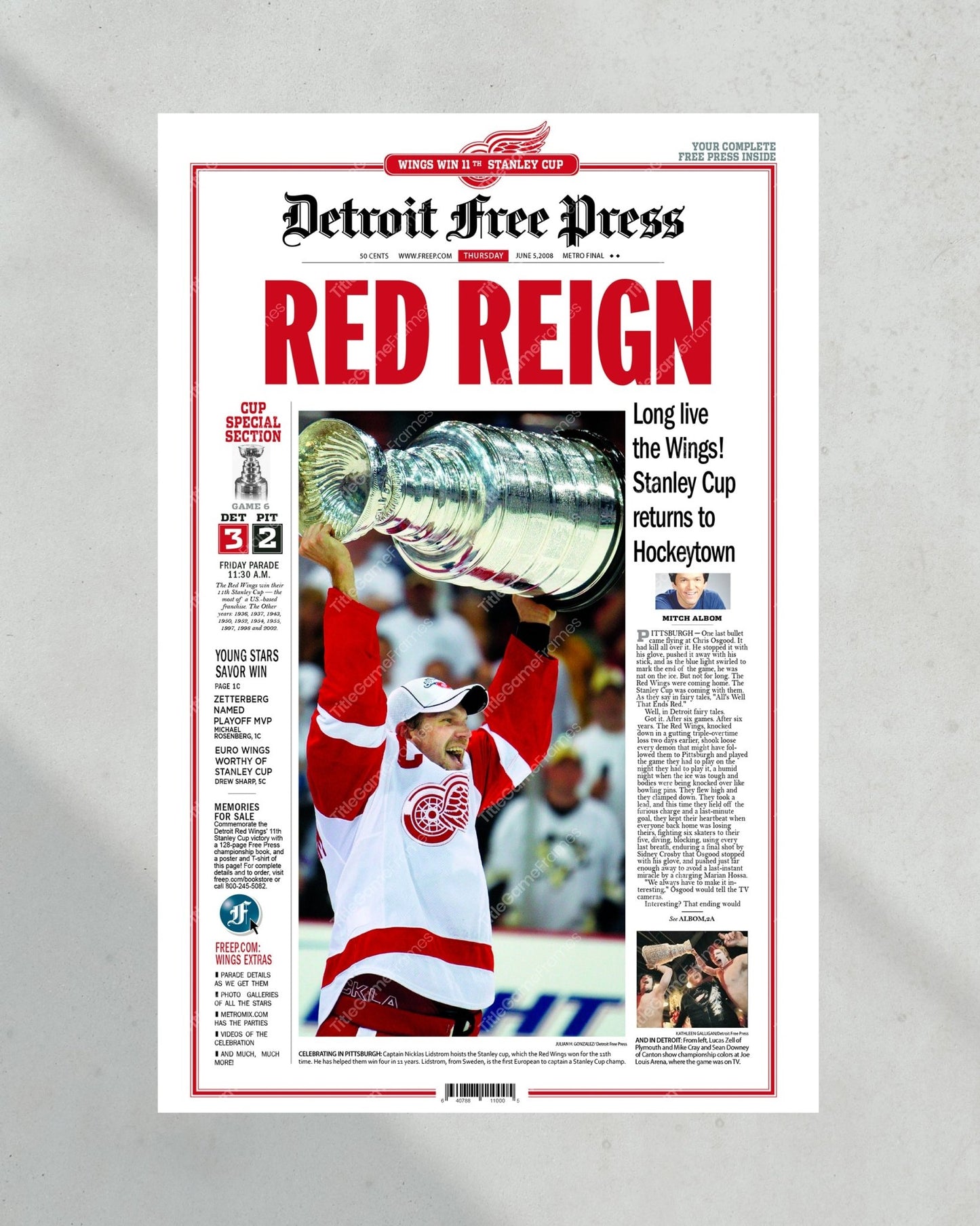 2008 Detroit Red Wings “Red Reign” Stanley Cup Champions Framed Newspaper Front Page Print - Title Game Frames