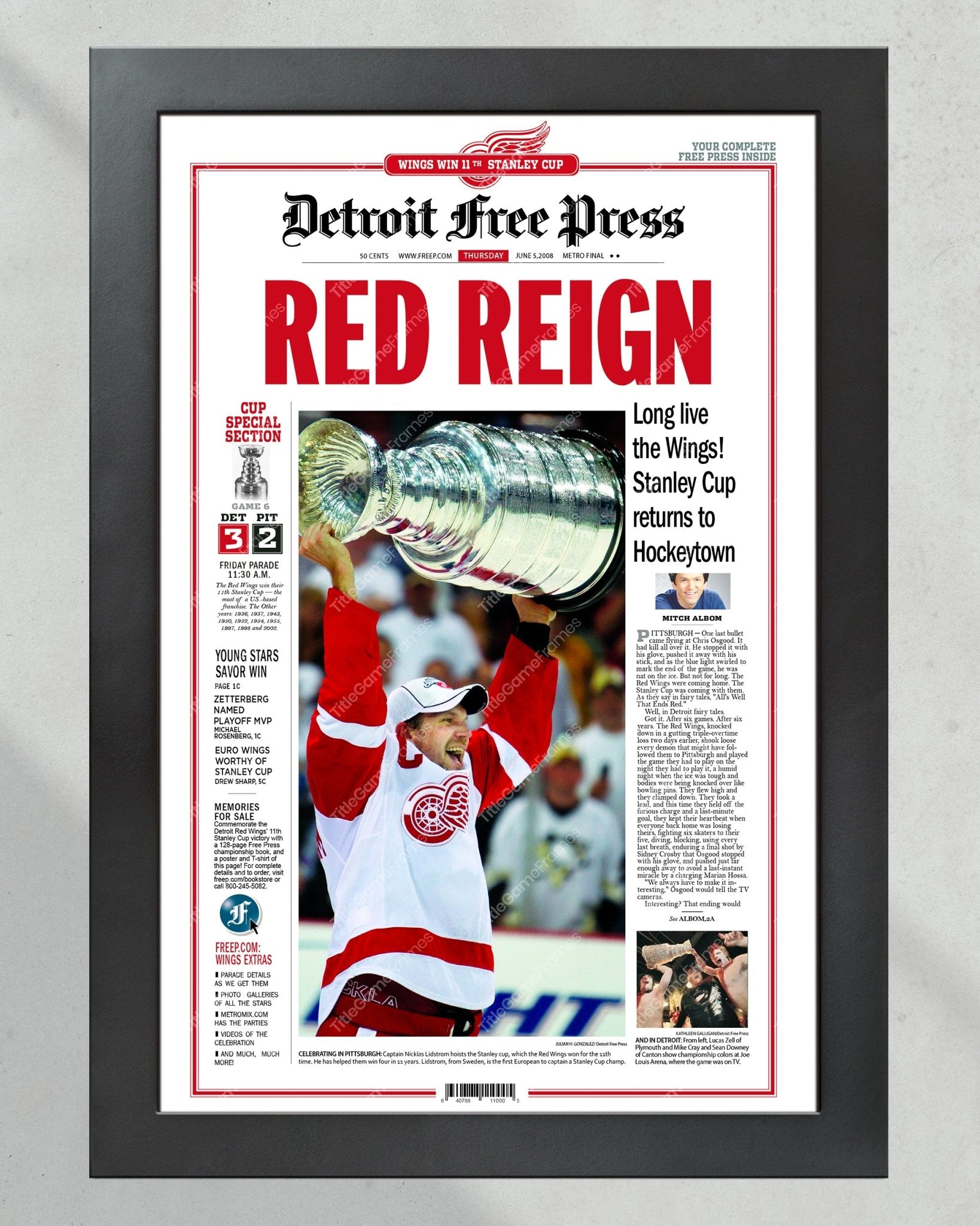 2008 Detroit Red Wings “Red Reign” Stanley Cup Champions Framed Newspaper Front Page Print - Title Game Frames