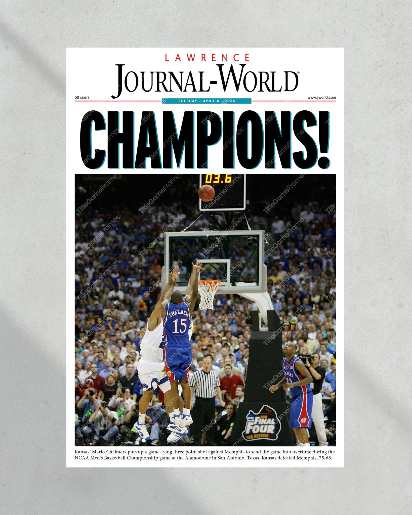 2008 Kansas Jayhawks NCAA College Basketball Champions Framed Front Page Newspaper Print Mario Chalmers - Title Game Frames