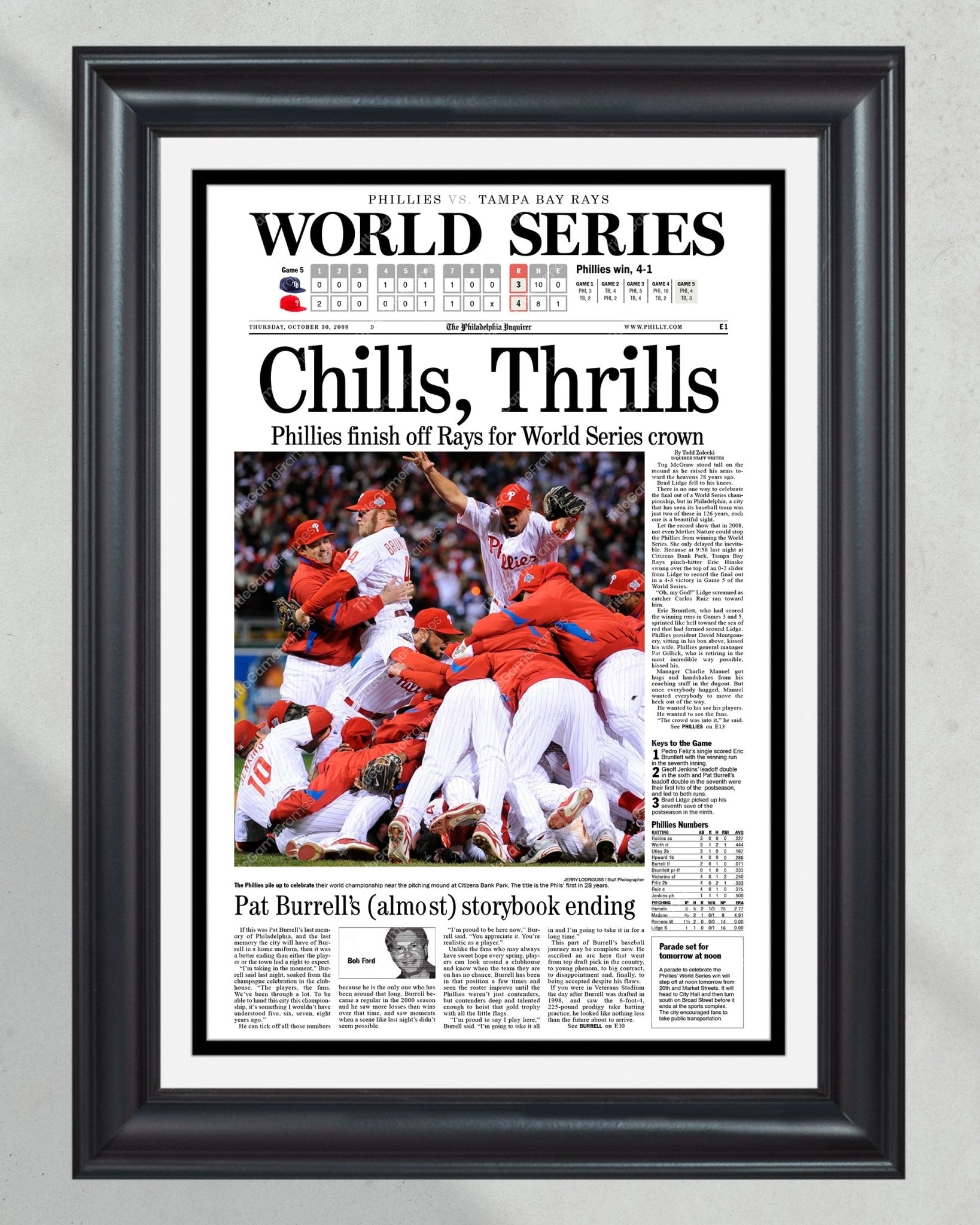 2008 Philadelphia Phillies “Chills, Thrills” World Series Champions Framed Front Page Newspaper Print - Title Game Frames