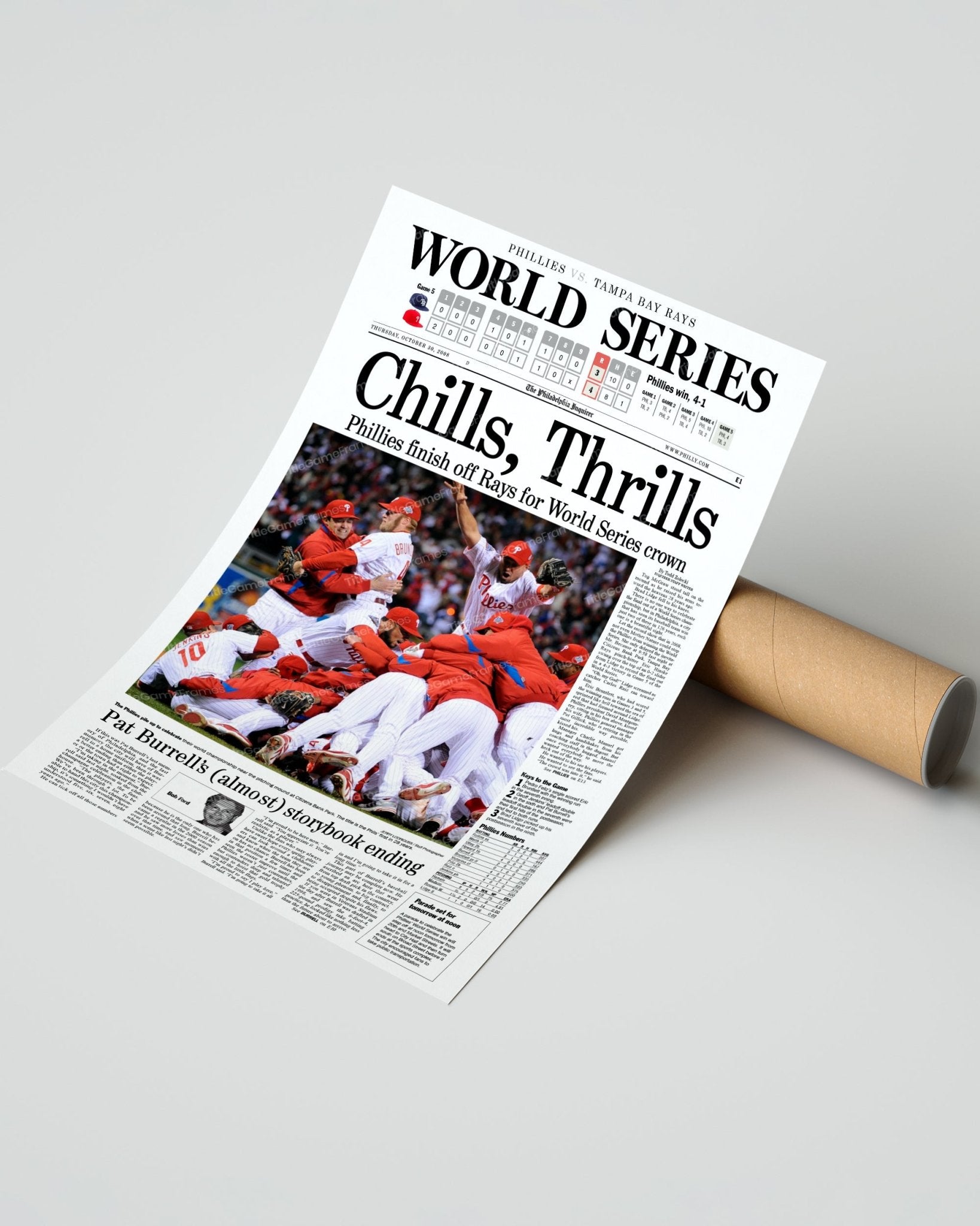 2008 Philadelphia Phillies “Chills, Thrills” World Series Champions Framed Front Page Newspaper Print - Title Game Frames