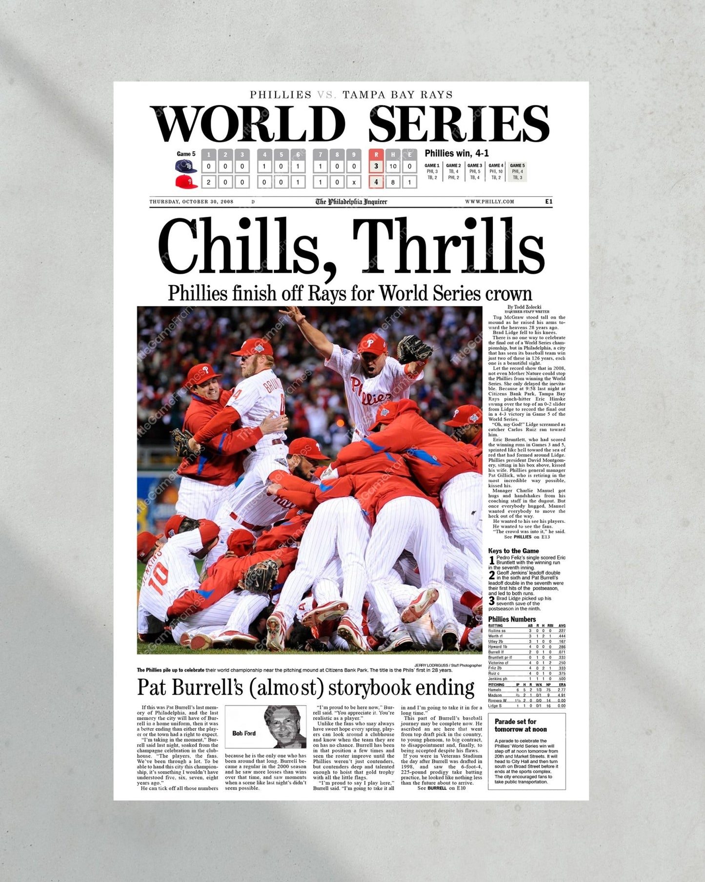 2008 Philadelphia Phillies “Chills, Thrills” World Series Champions Framed Front Page Newspaper Print - Title Game Frames