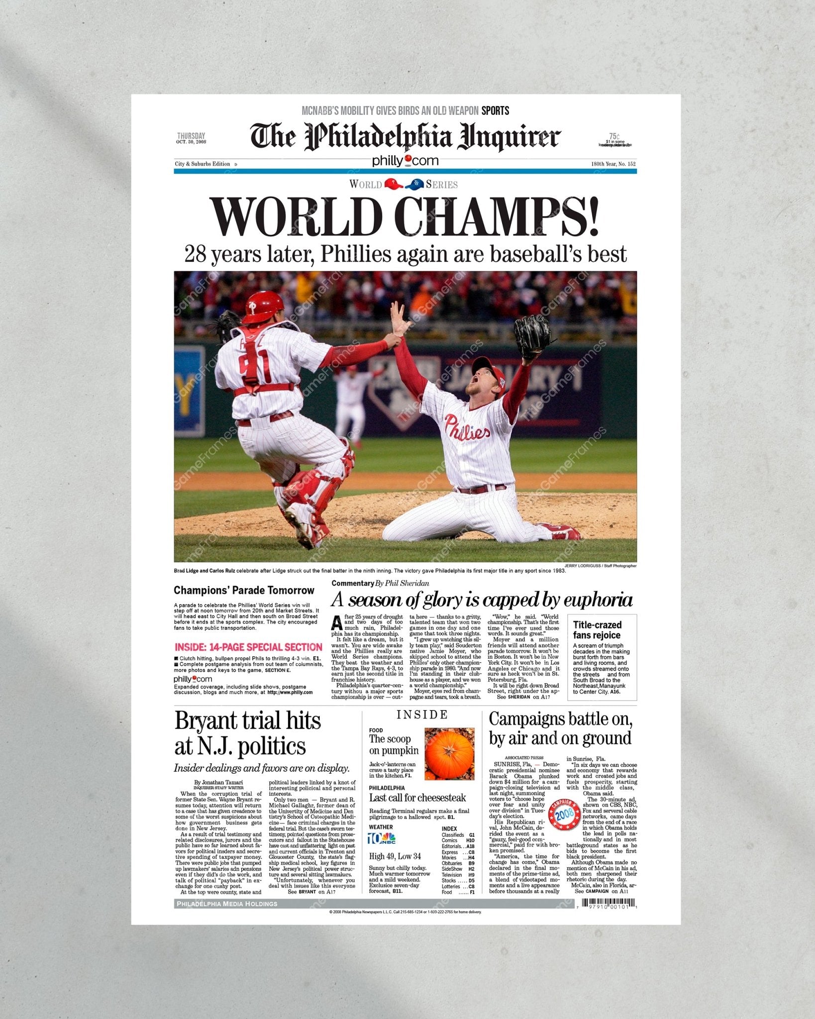 2008 Philadelphia Phillies World Series Champs Newspaper Front Page Framed HD Premium Print - Title Game Frames