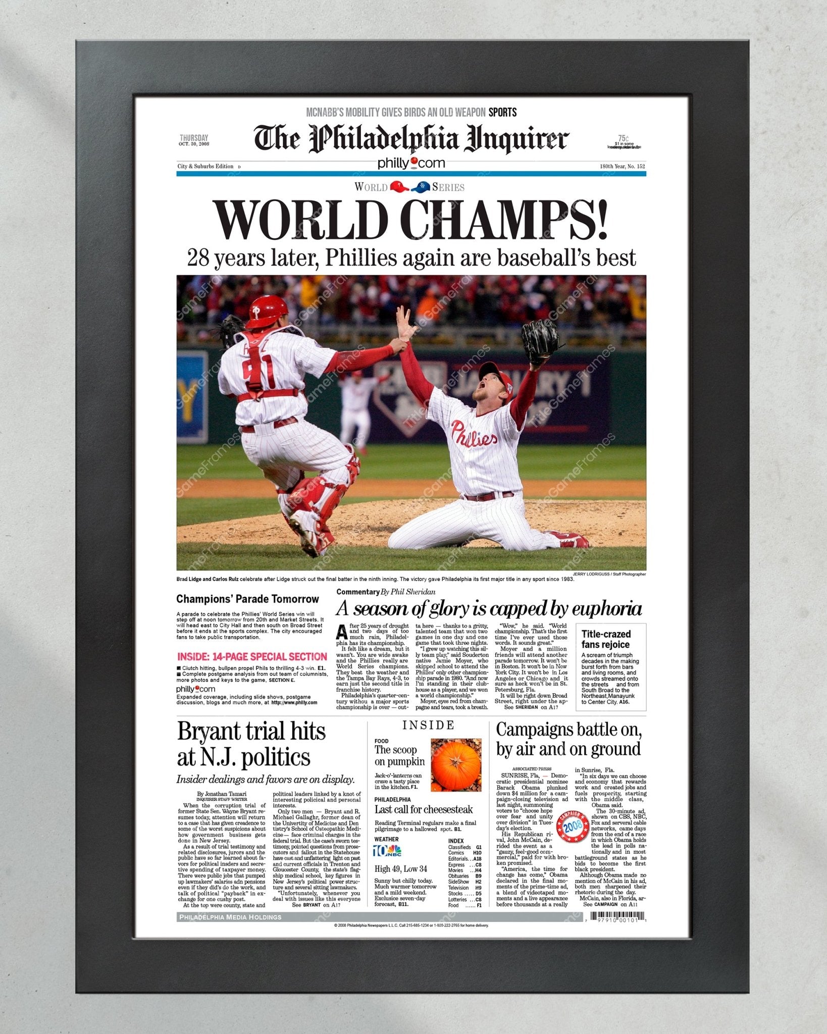 2008 Philadelphia Phillies World Series Champs Newspaper Front Page Framed HD Premium Print - Title Game Frames