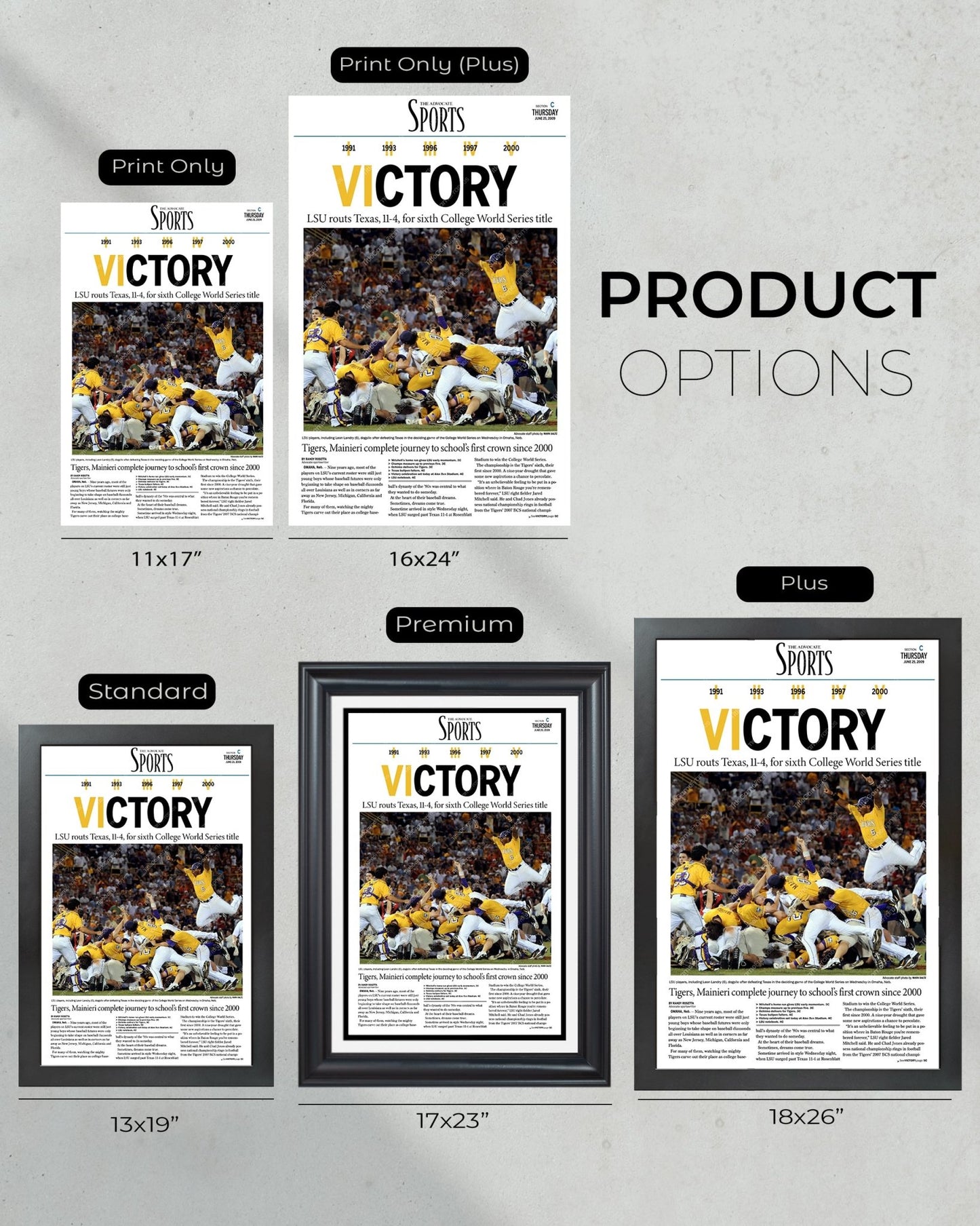 2009 LSU Tigers "VICTORY!" College World Series Champions Newspaper Print - Title Game Frames