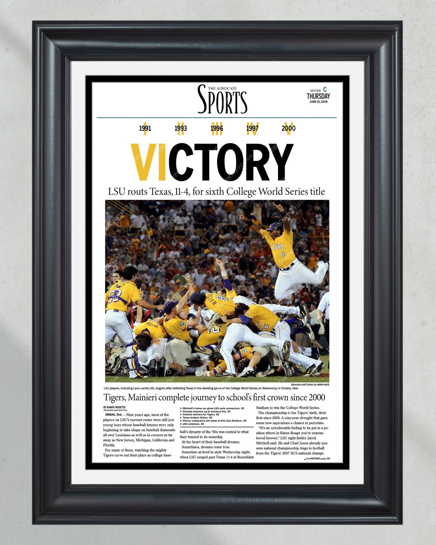 2009 LSU Tigers "VICTORY!" College World Series Champions Newspaper Print - Title Game Frames