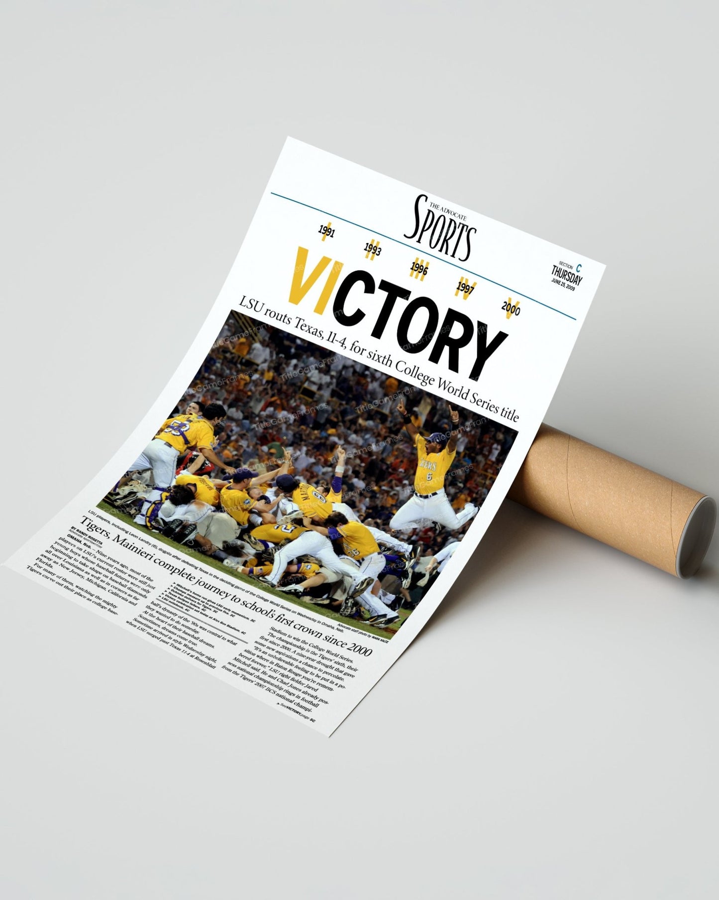 2009 LSU Tigers "VICTORY!" College World Series Champions Newspaper Print - Title Game Frames