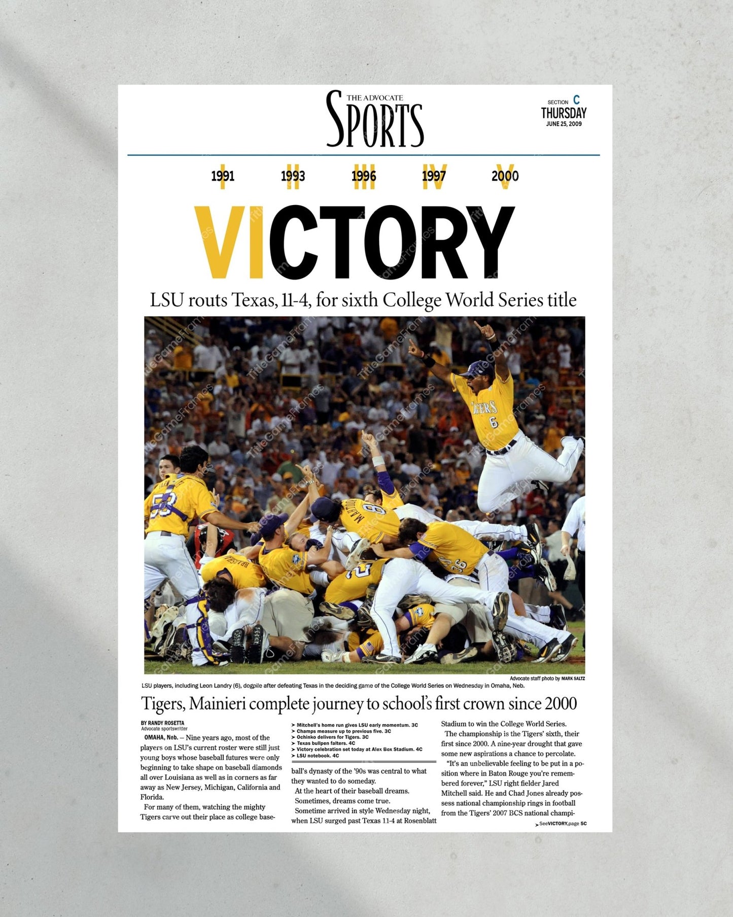 2009 LSU Tigers "VICTORY!" College World Series Champions Newspaper Print - Title Game Frames