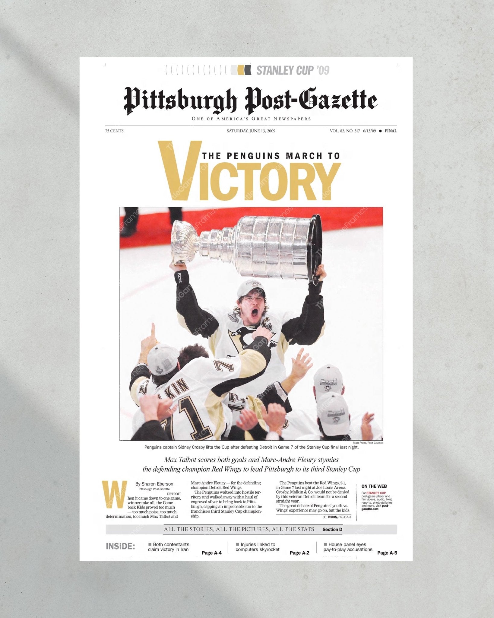 2009 Pittsburgh Penguins Stanley Cup Champion Framed Front Page Newspaper Print - Title Game Frames