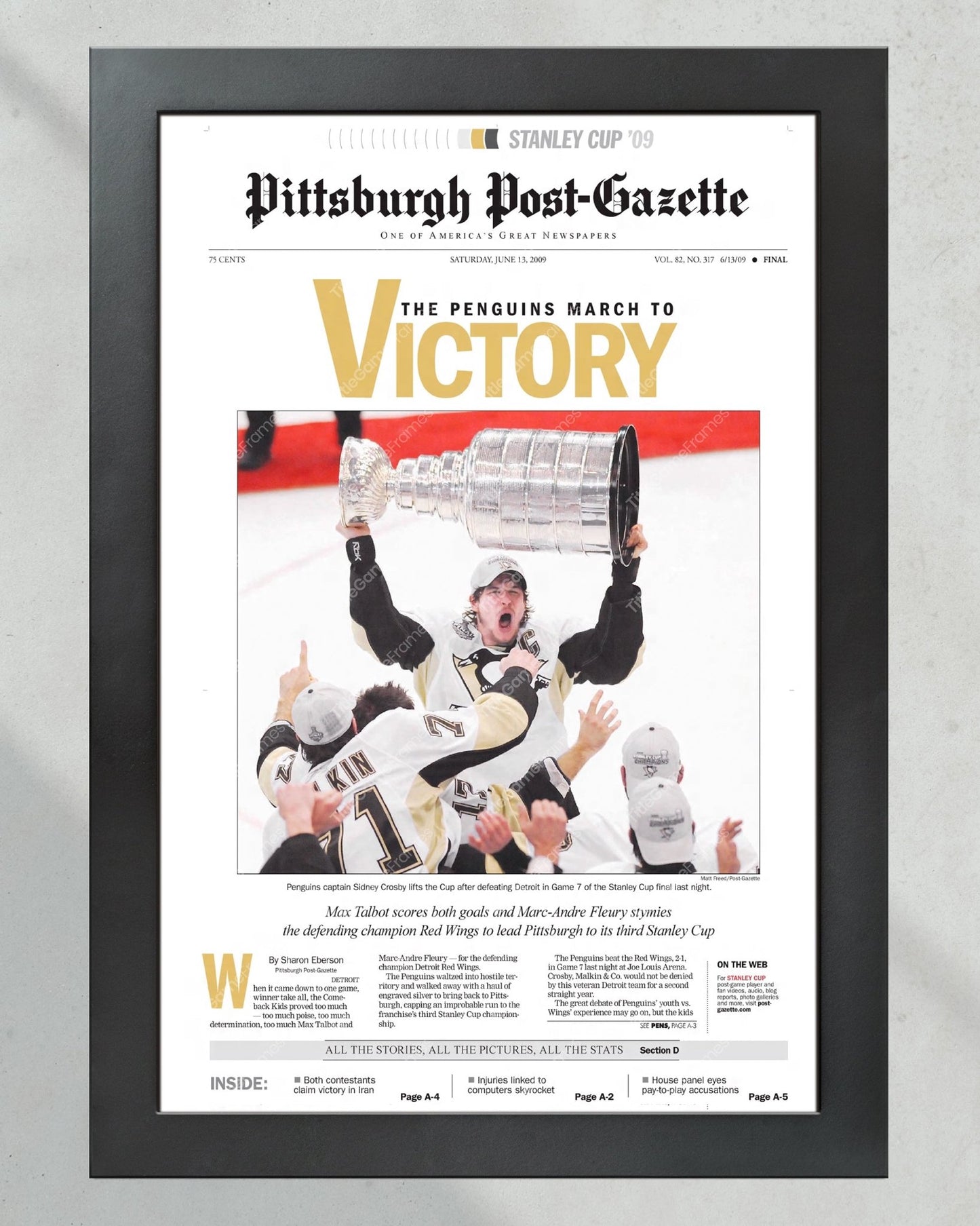 2009 Pittsburgh Penguins Stanley Cup Champion Framed Front Page Newspaper Print - Title Game Frames