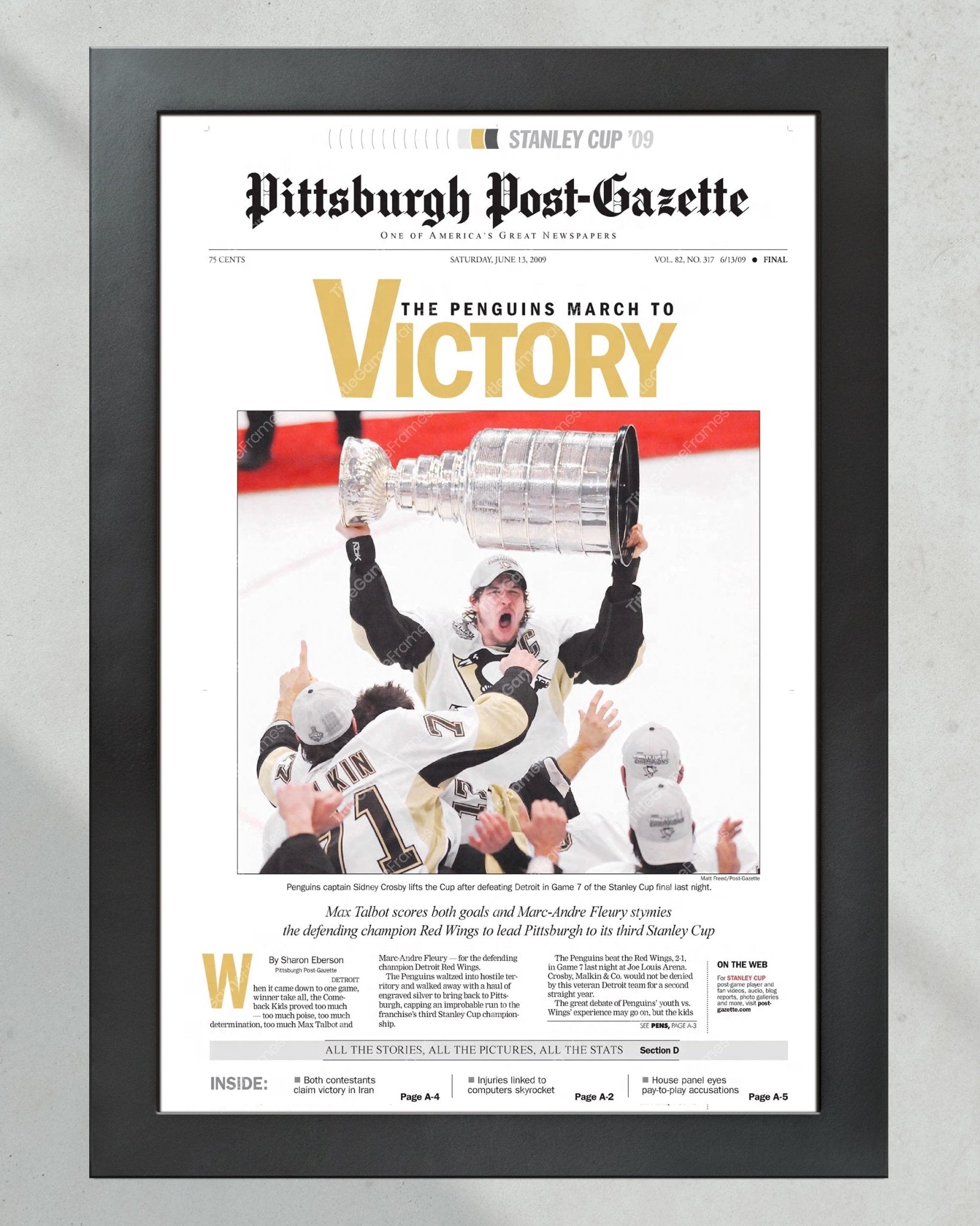 2009 Pittsburgh Penguins Stanley Cup Champion Framed Front Page Newspaper Print - Title Game Frames