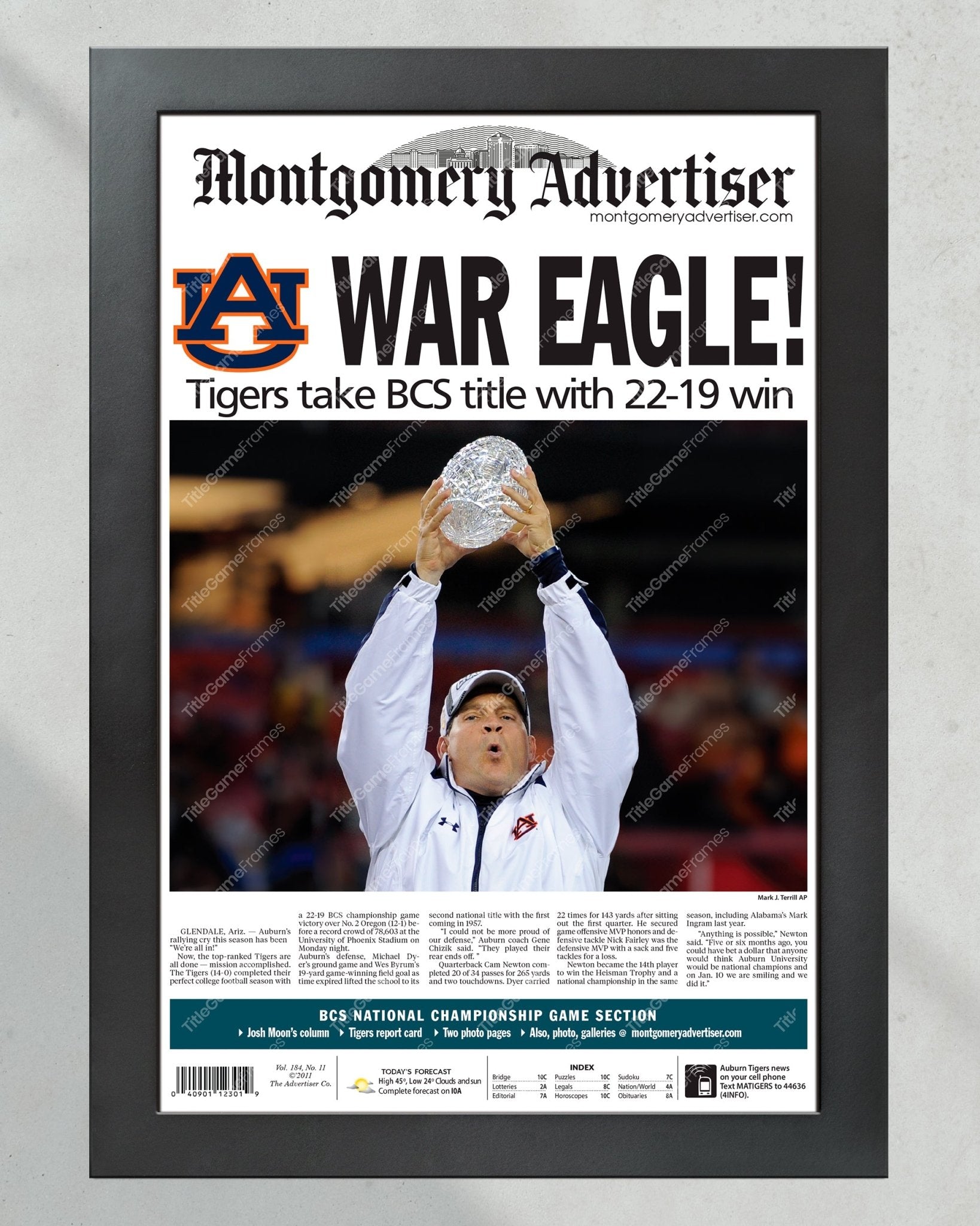 2010 Auburn Tigers War Eagle NCAA College Football National Champions Framed Front Page Newspaper Print - Title Game Frames