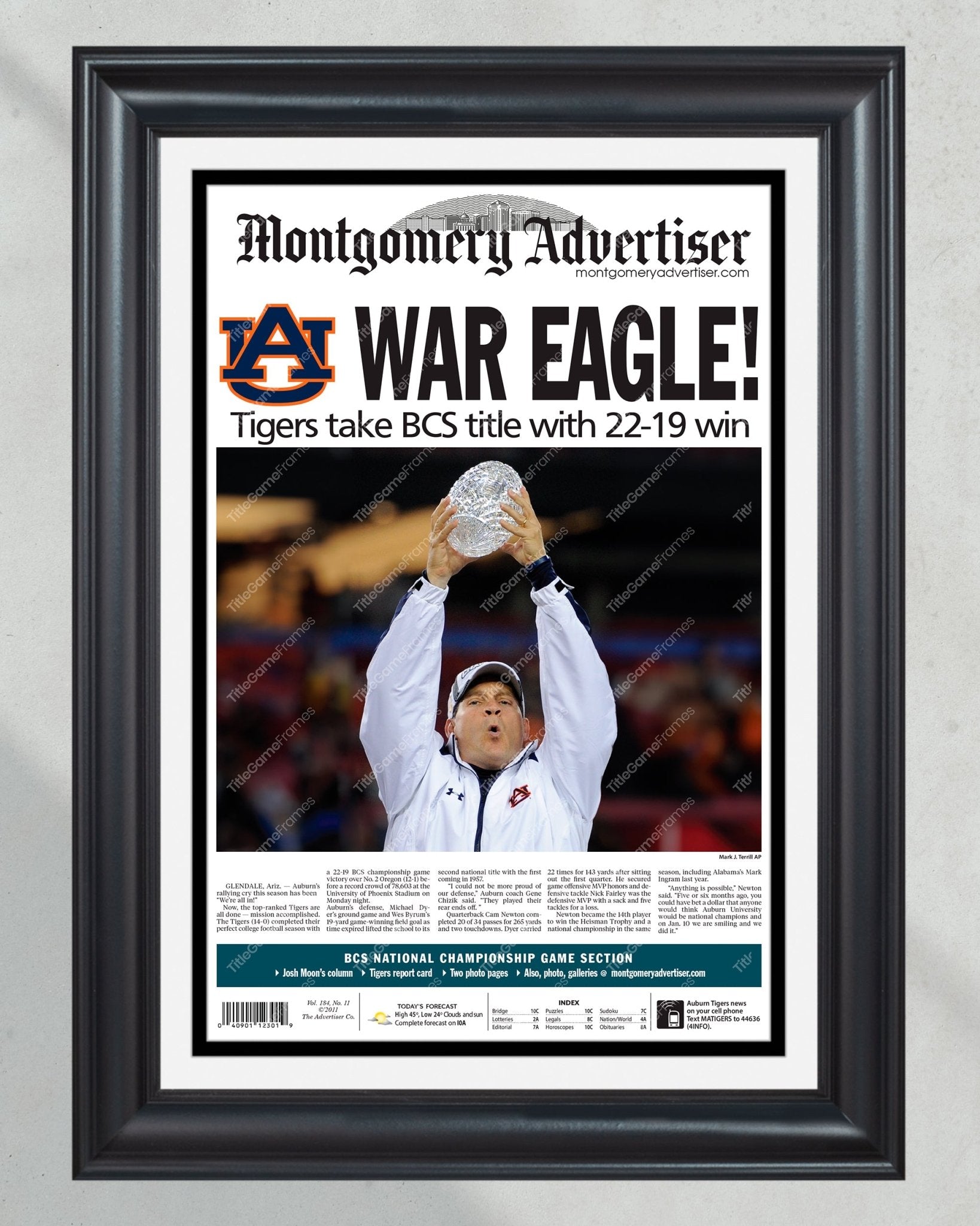 2010 Auburn Tigers War Eagle NCAA College Football National Champions Framed Front Page Newspaper Print - Title Game Frames