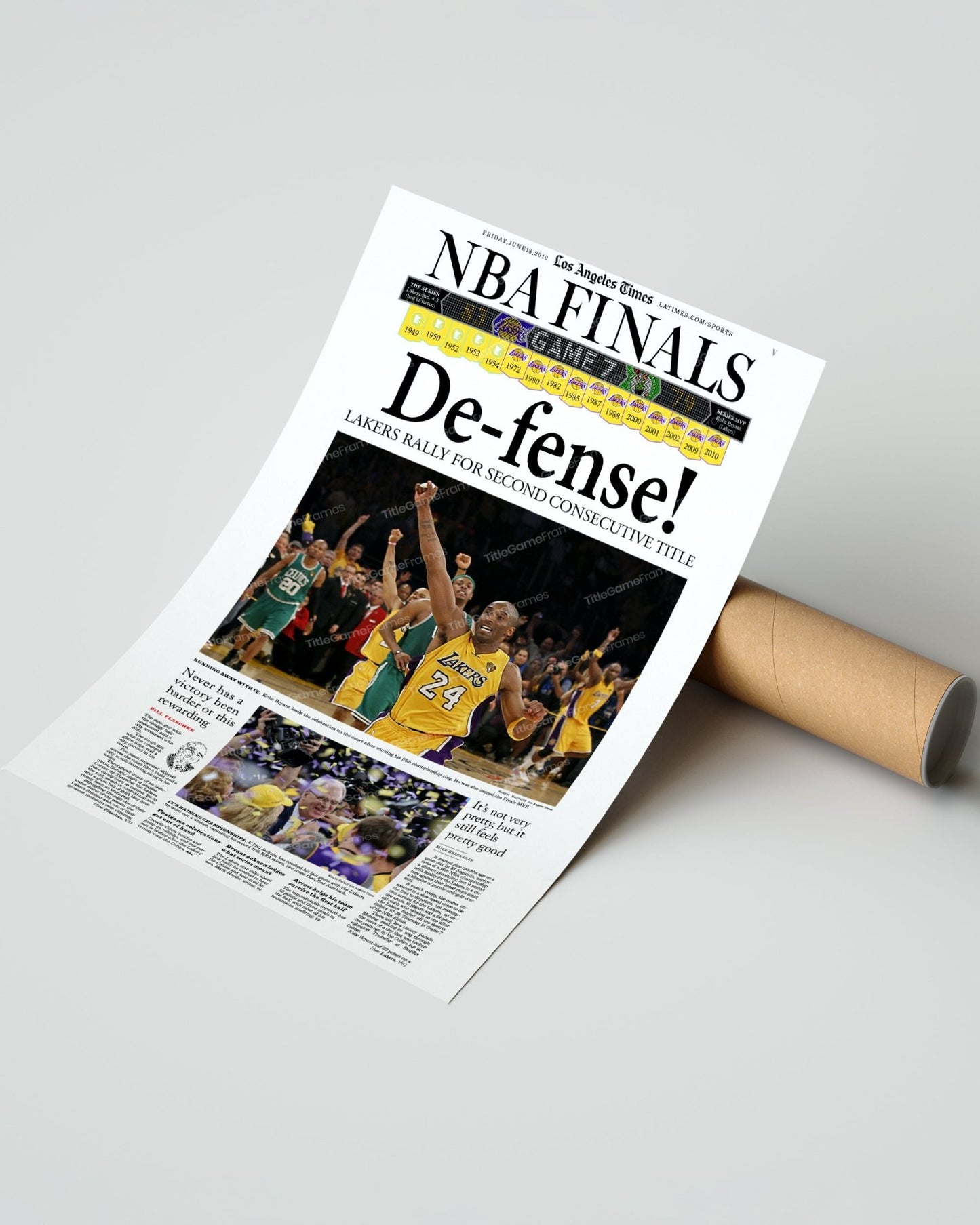 2010 Los Angeles LA Lakers NBA Championship Framed Print LA Times Newspaper Front Cover Kobe Bryant Staples Center - Title Game Frames