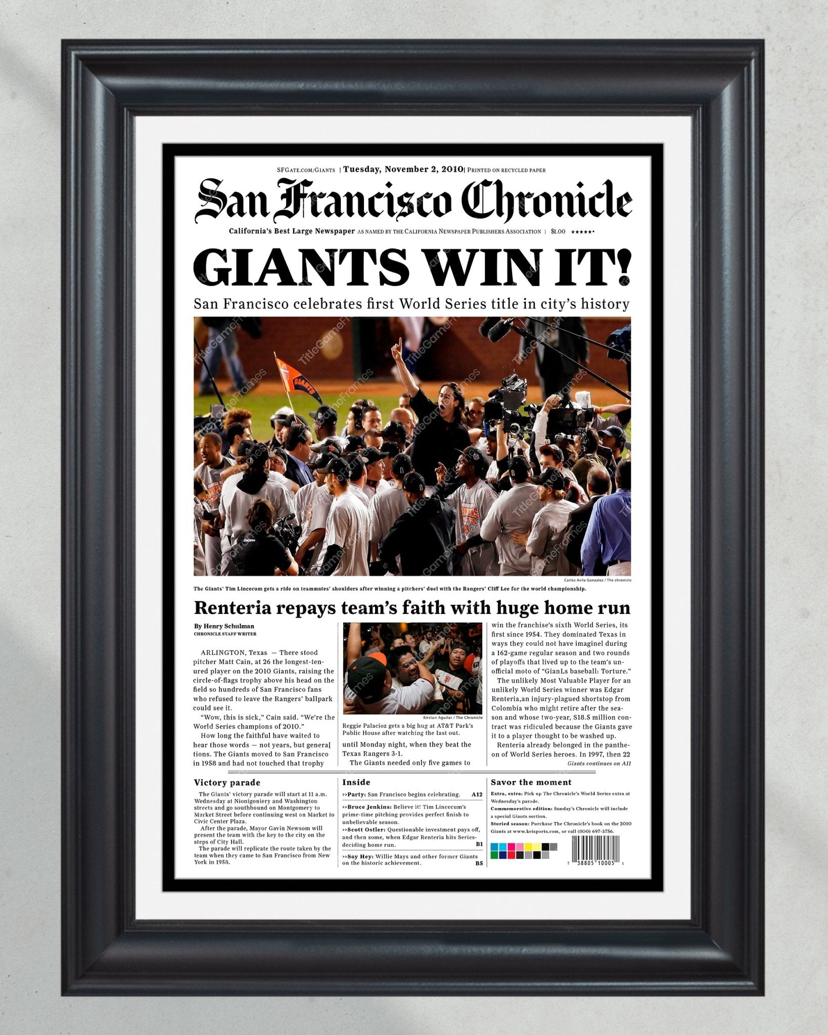 2010 San Francisco Giants Tim Lincecum World Series Framed Newspaper Front Page Print - Title Game Frames