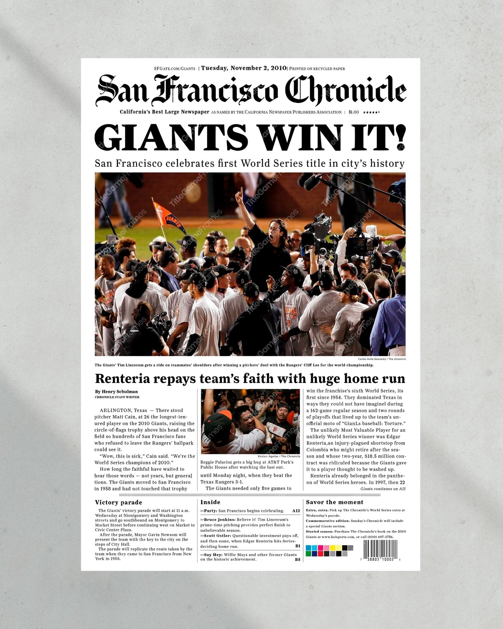 2010 San Francisco Giants Tim Lincecum World Series Framed Newspaper Front Page Print - Title Game Frames