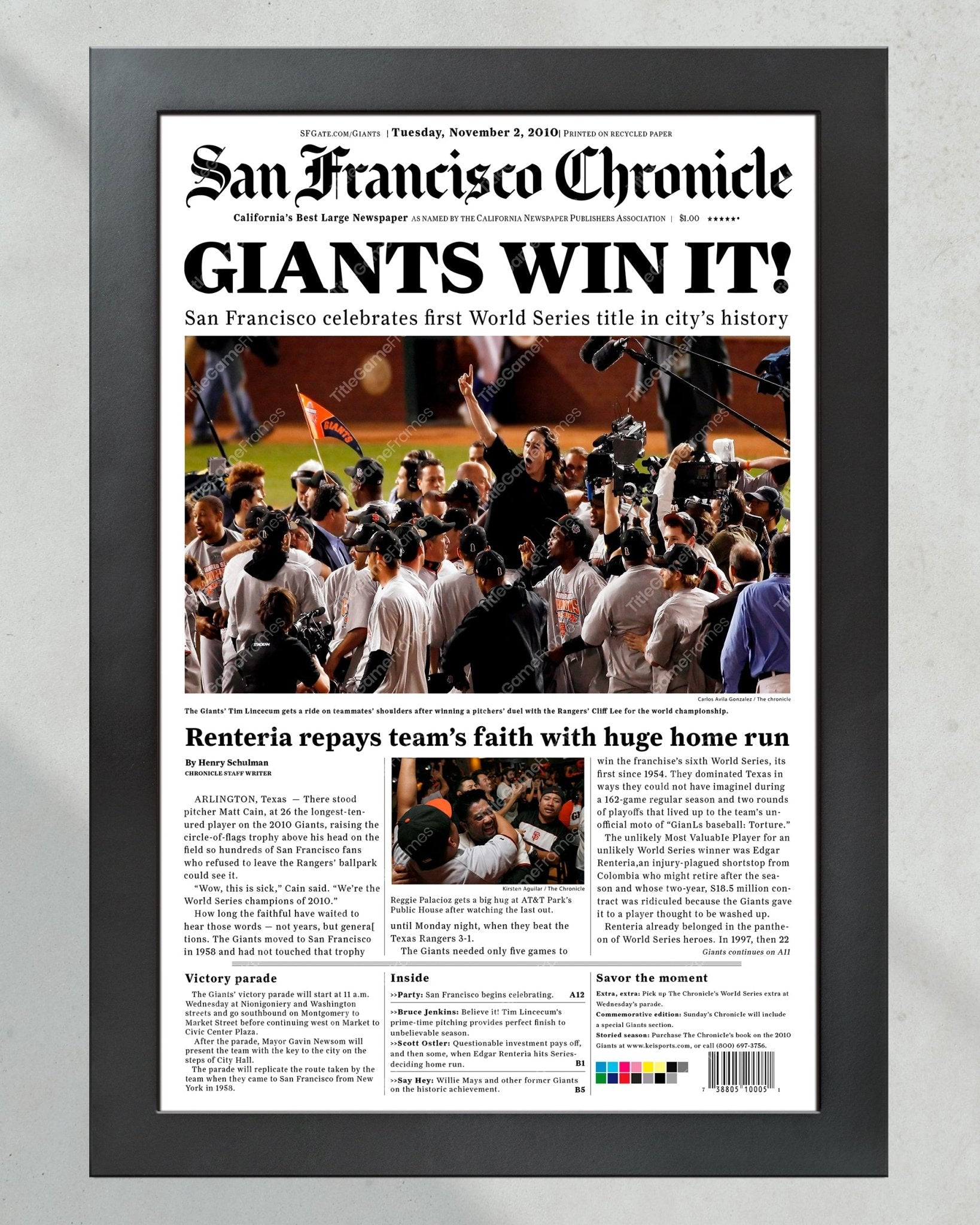 2010 San Francisco Giants Tim Lincecum World Series Framed Newspaper Front Page Print - Title Game Frames