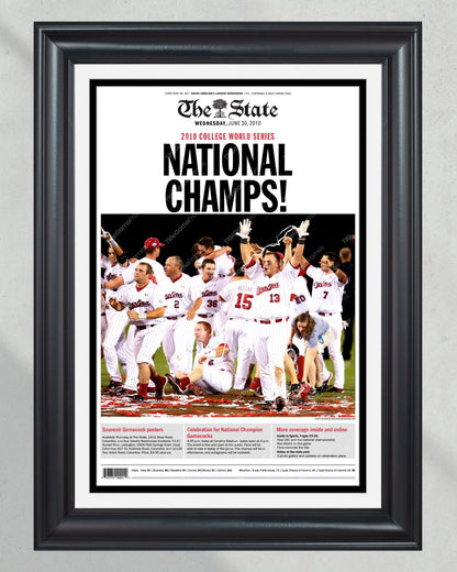 2010 South Carolina Gamecocks College World Series Champions 'NATIONAL CHAMPS!' Framed Front Page Newspaper Print - Title Game Frames