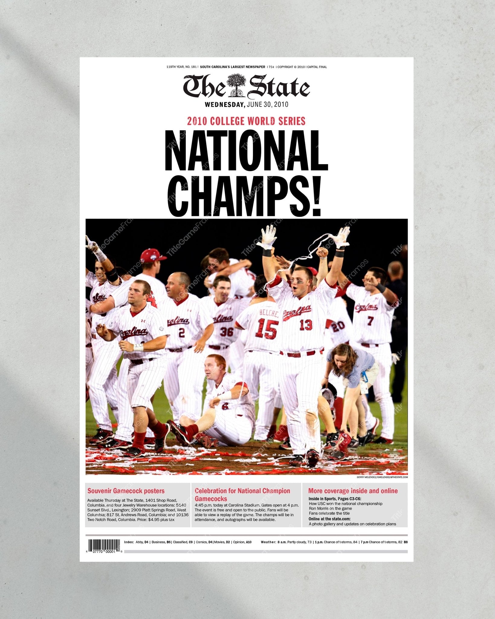 2010 South Carolina Gamecocks College World Series Champions 'NATIONAL CHAMPS!' Framed Front Page Newspaper Print - Title Game Frames