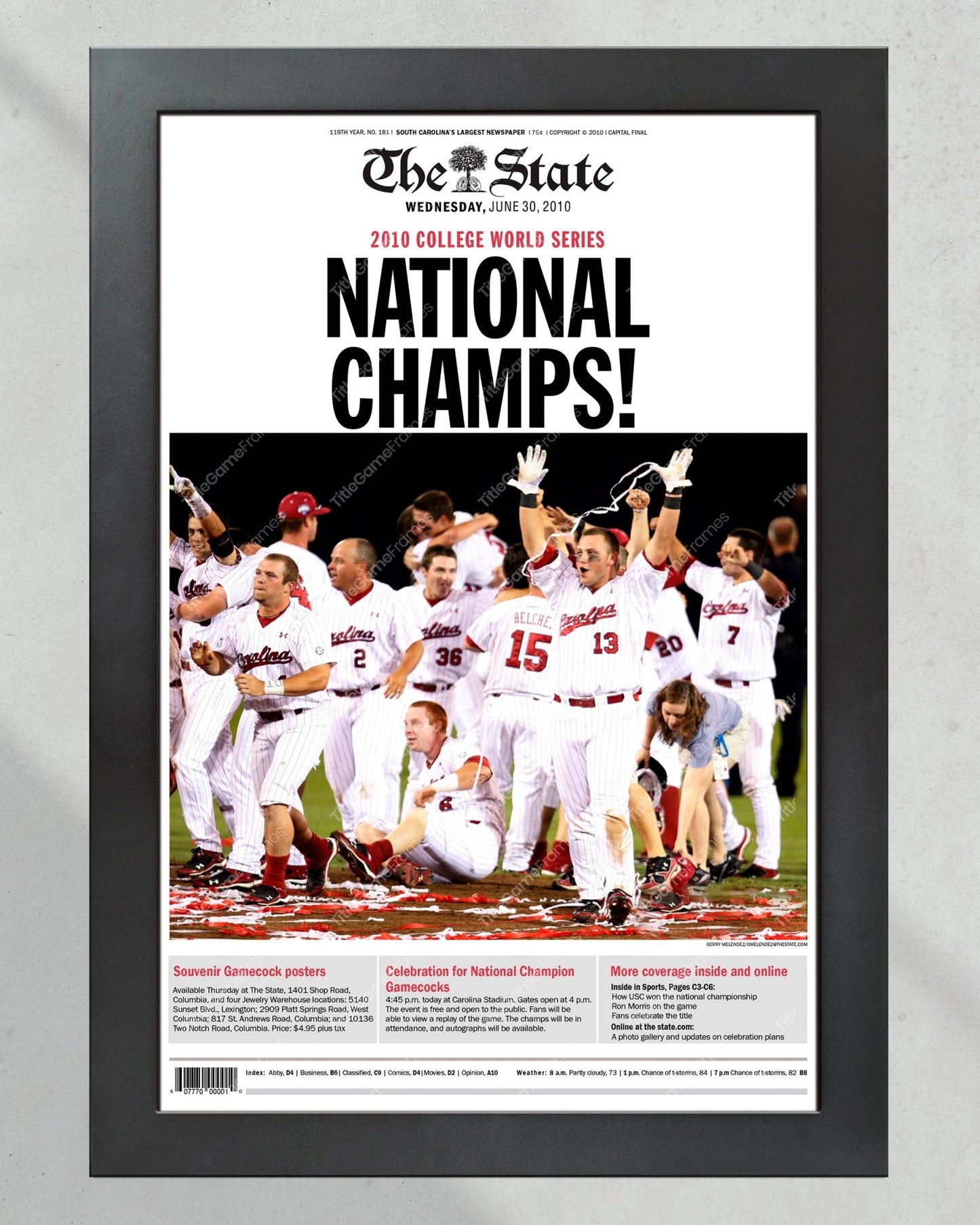 2010 South Carolina Gamecocks College World Series Champions 'NATIONAL CHAMPS!' Framed Front Page Newspaper Print - Title Game Frames