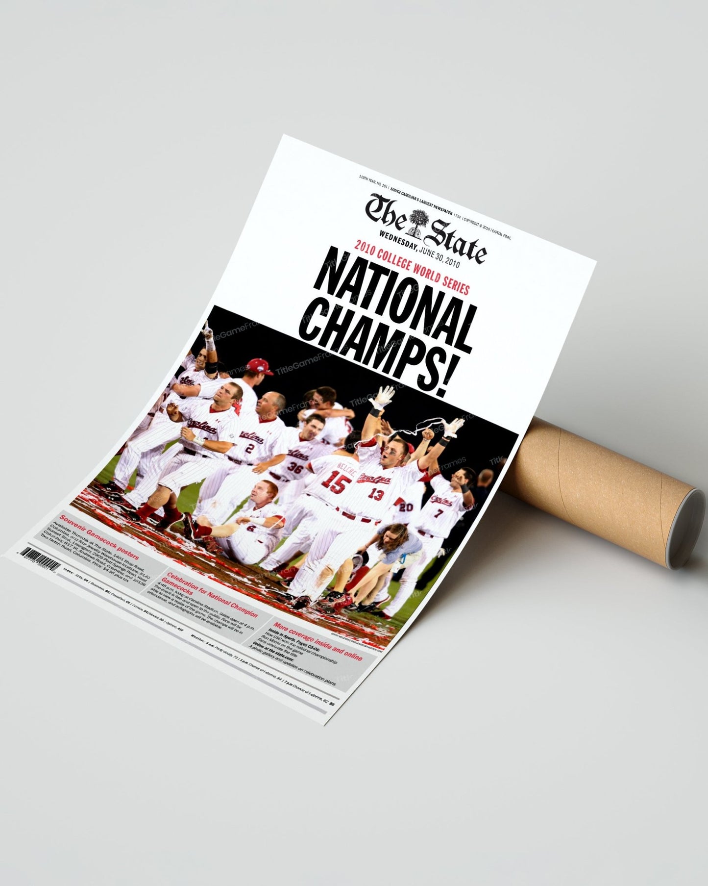 2010 South Carolina Gamecocks College World Series Champions 'NATIONAL CHAMPS!' Framed Front Page Newspaper Print - Title Game Frames