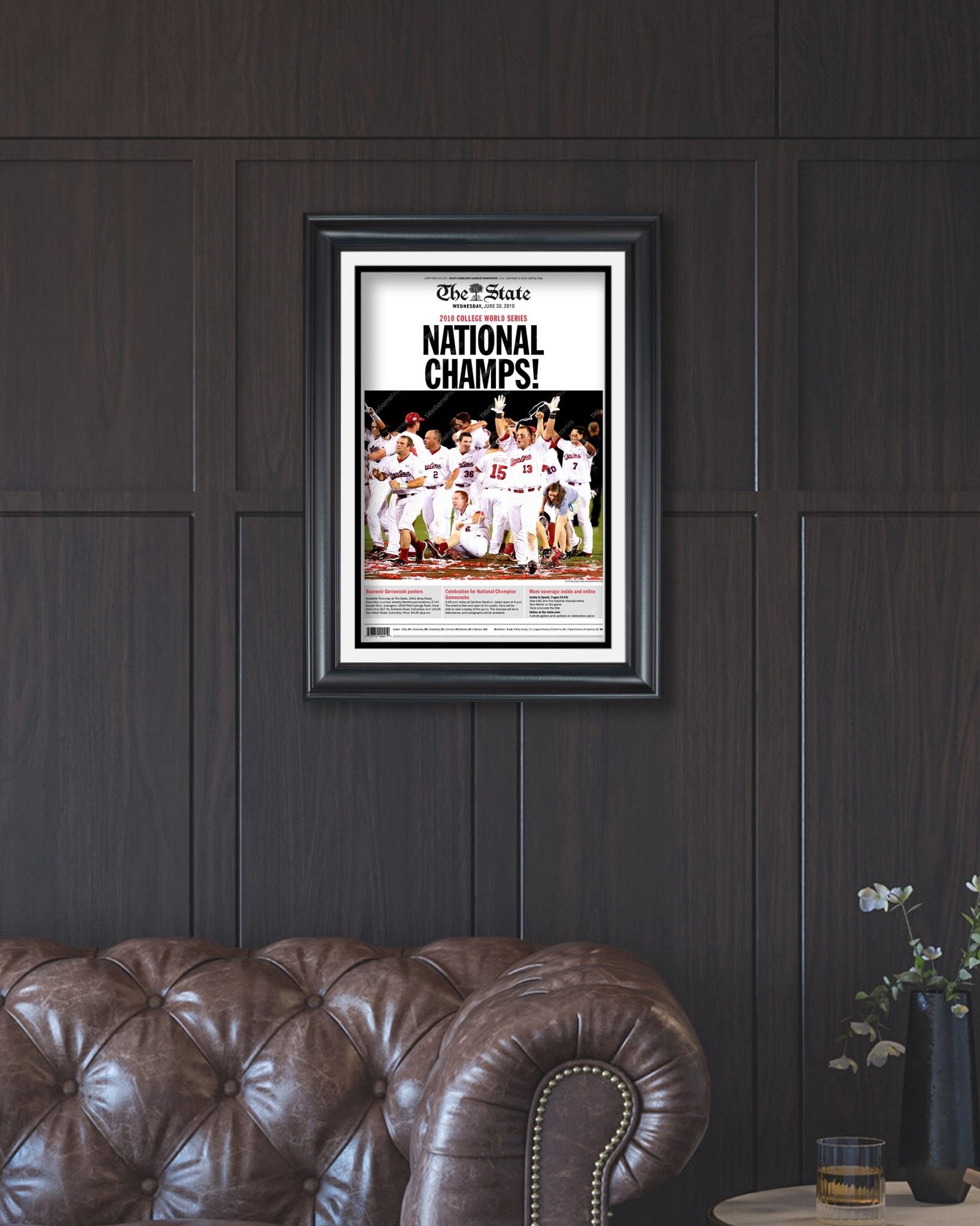 2010 South Carolina Gamecocks College World Series Champions 'NATIONAL CHAMPS!' Framed Front Page Newspaper Print - Title Game Frames