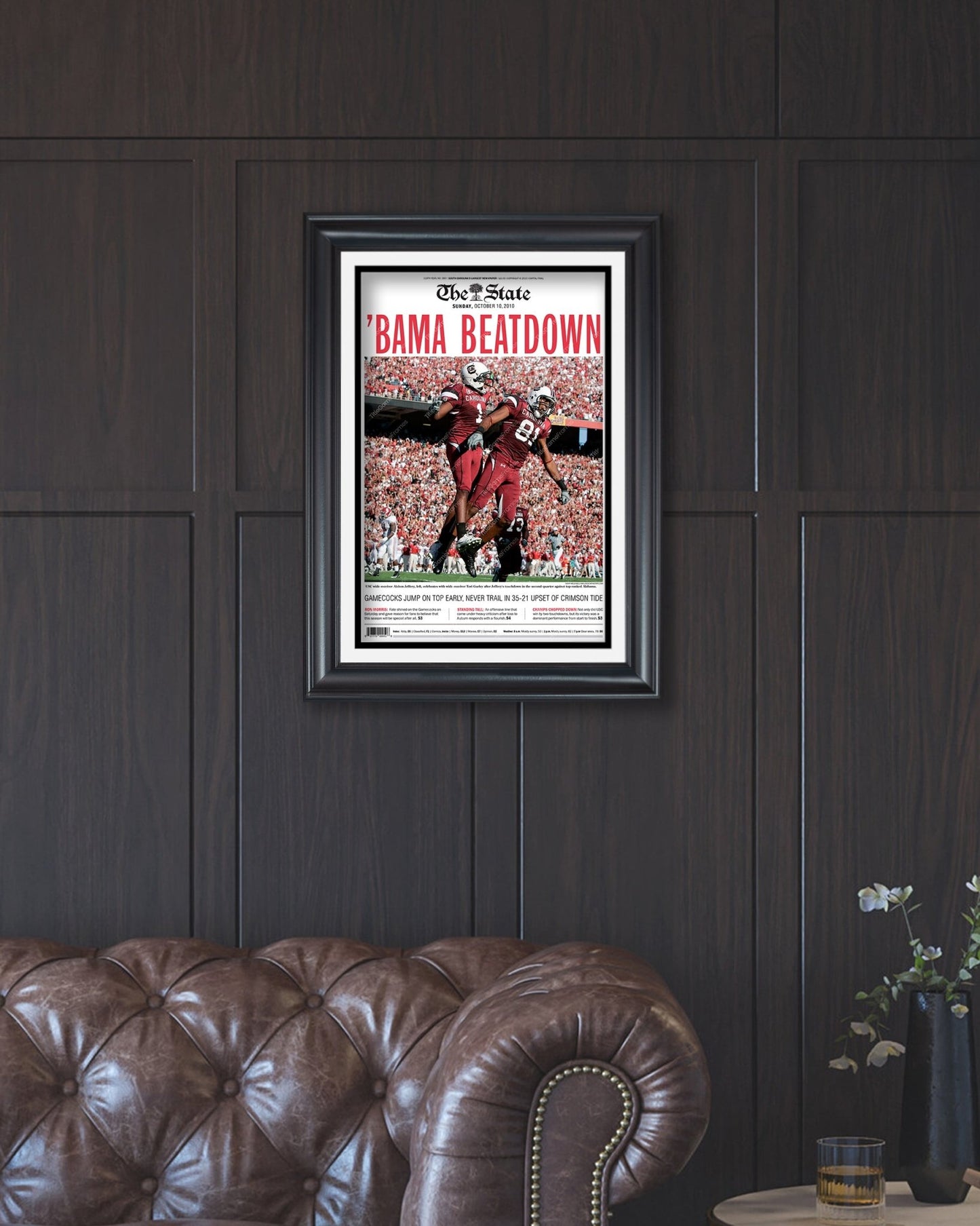 2010 South Carolina Gamecocks Upset Alabama 'BAMA BEATDOWN' Framed Front Page Newspaper Print - Title Game Frames