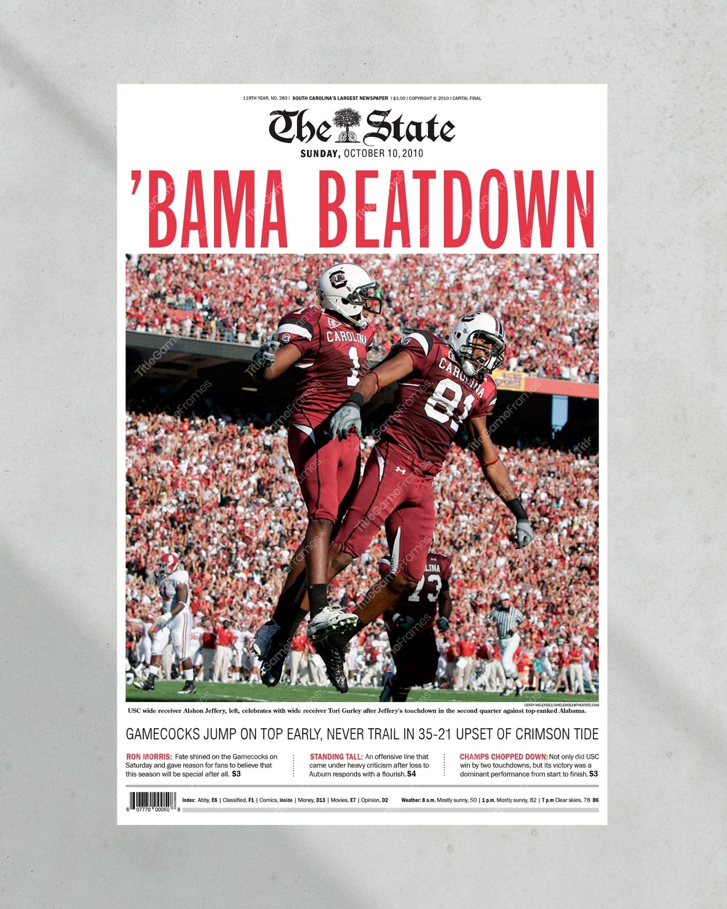 2010 South Carolina Gamecocks Upset Alabama 'BAMA BEATDOWN' Framed Front Page Newspaper Print - Title Game Frames